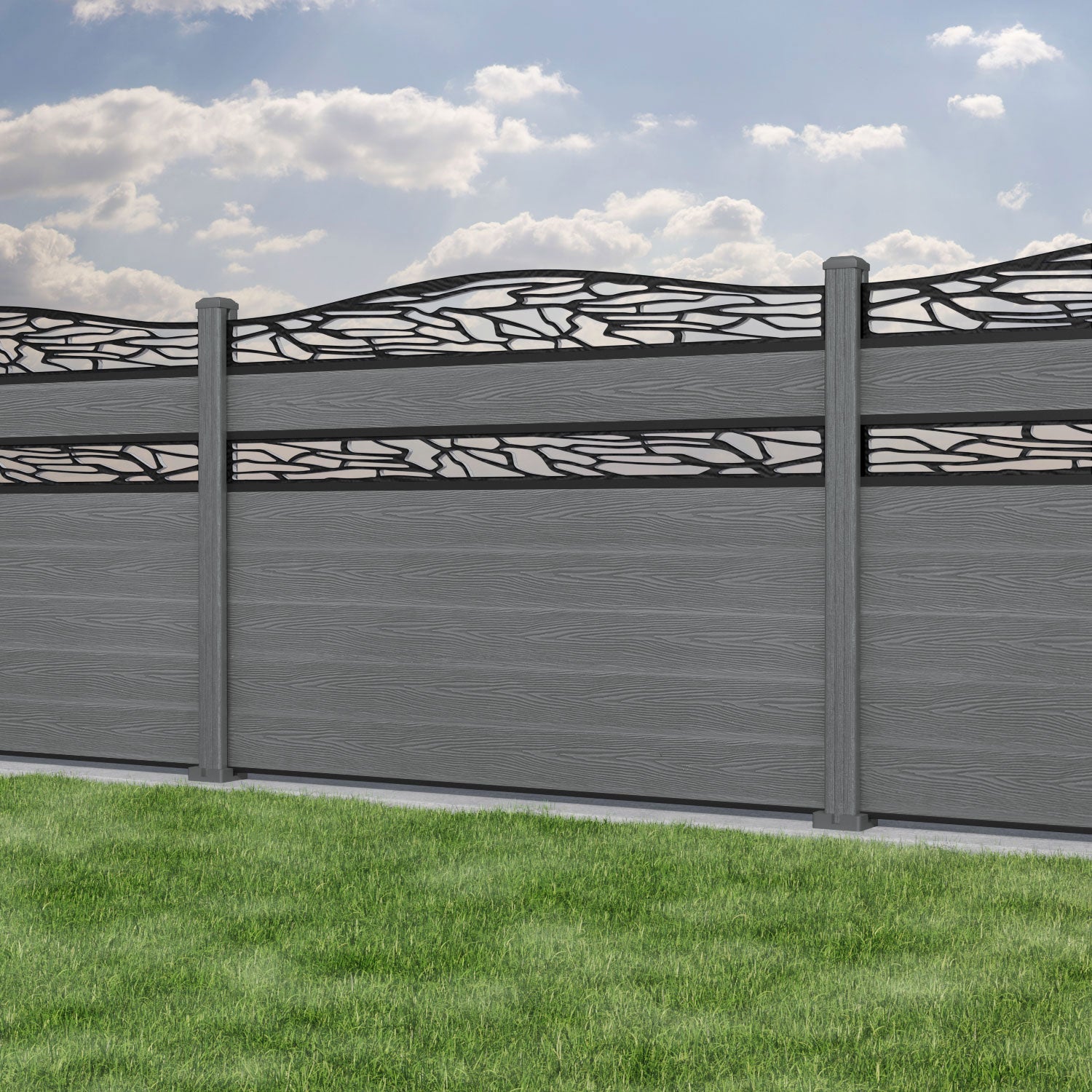 Classic Shatter Curved Top Split Screen Fence Panel - Mid Grey - with our composite posts