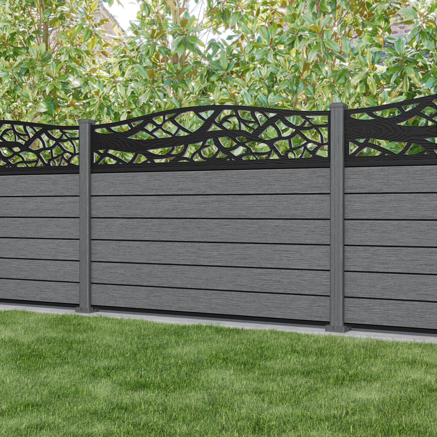 Fusion Twilight Curved Top Fence Panel - Mid Grey - with our composite posts