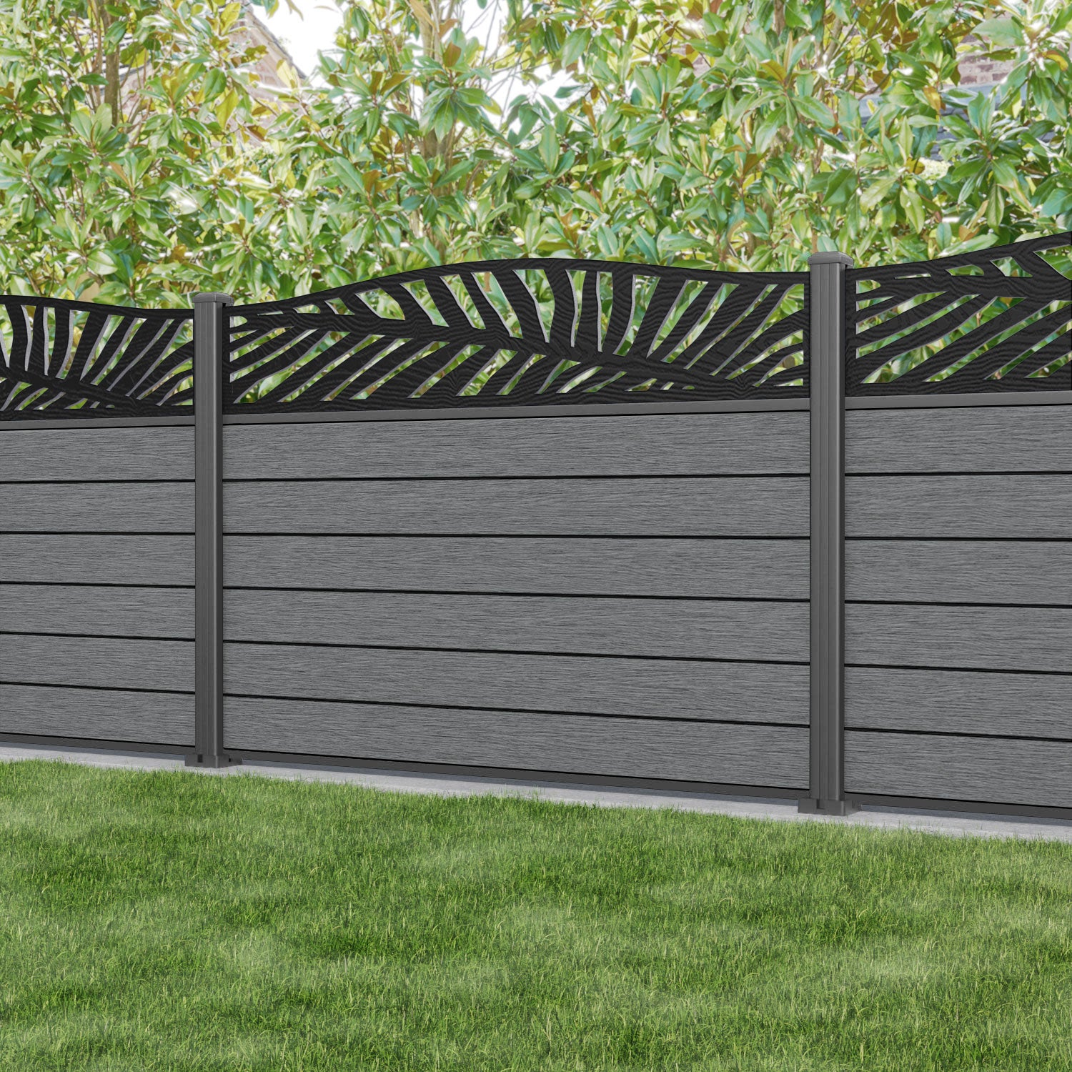 Fusion Palm Curved Top Fence Panel - Mid Grey - with our aluminium posts