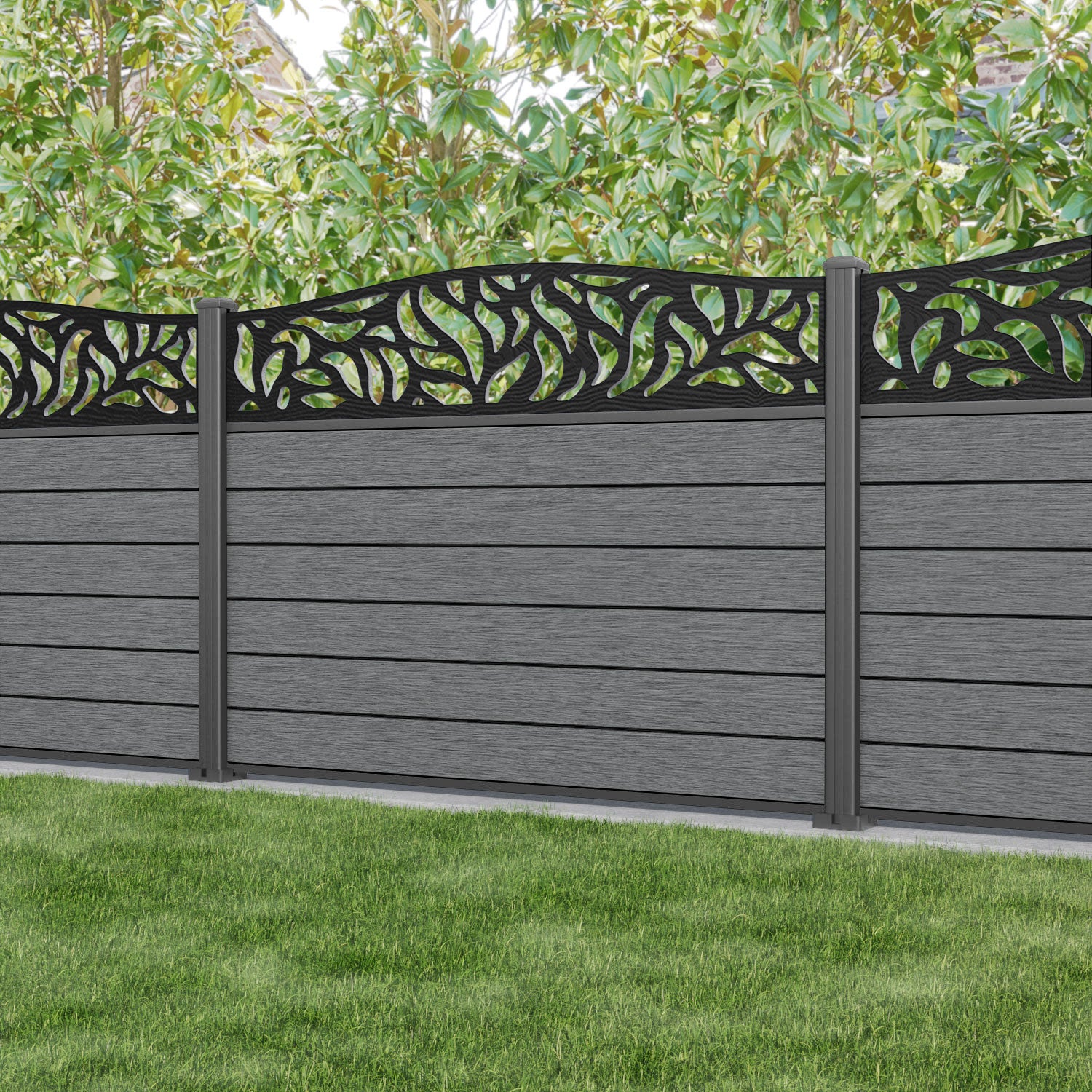 Fusion Plume Curved Top Fence Panel - Mid Grey - with our aluminium posts