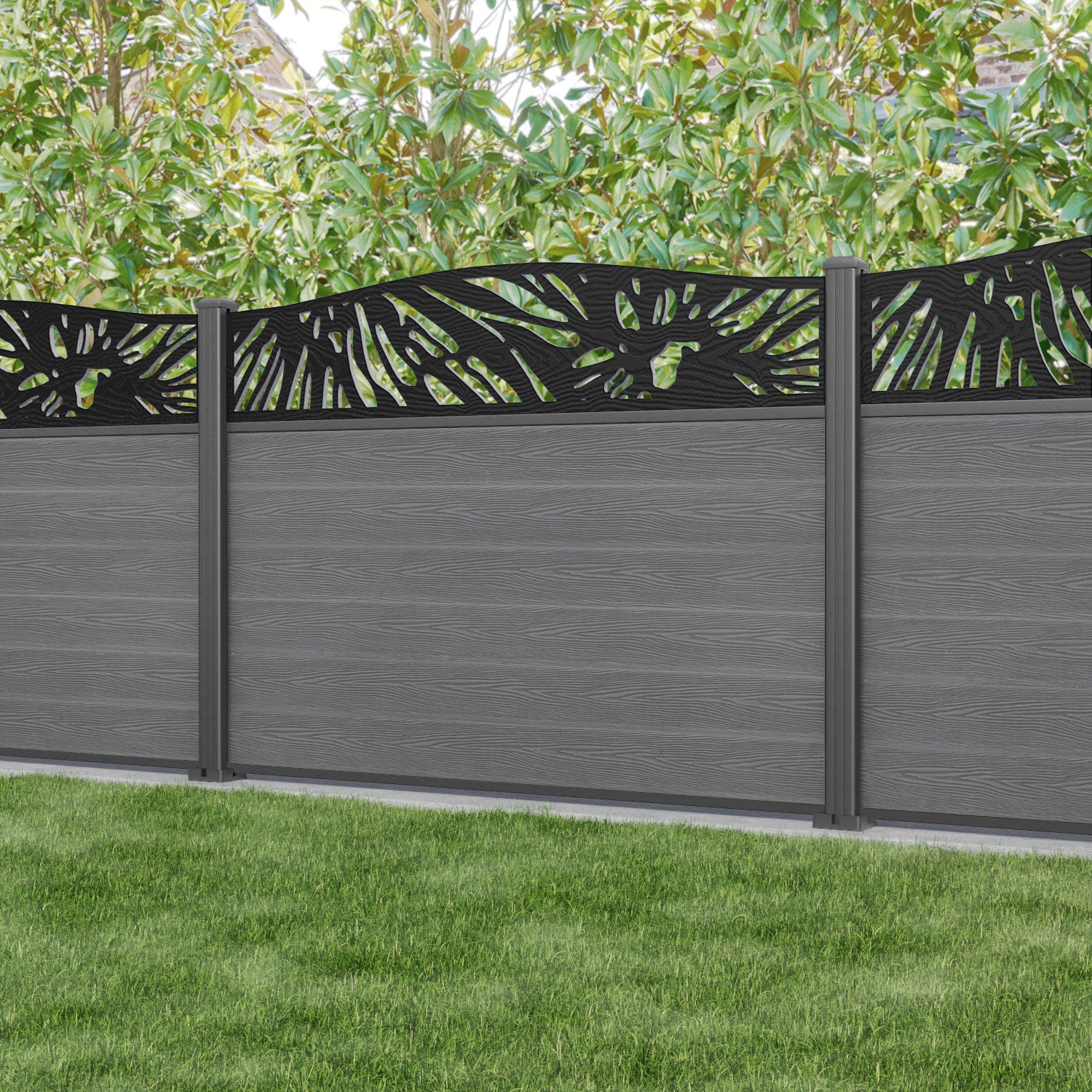 Fusion Poppy Curved Top Fence Panel - Mid Grey - with our aluminium posts