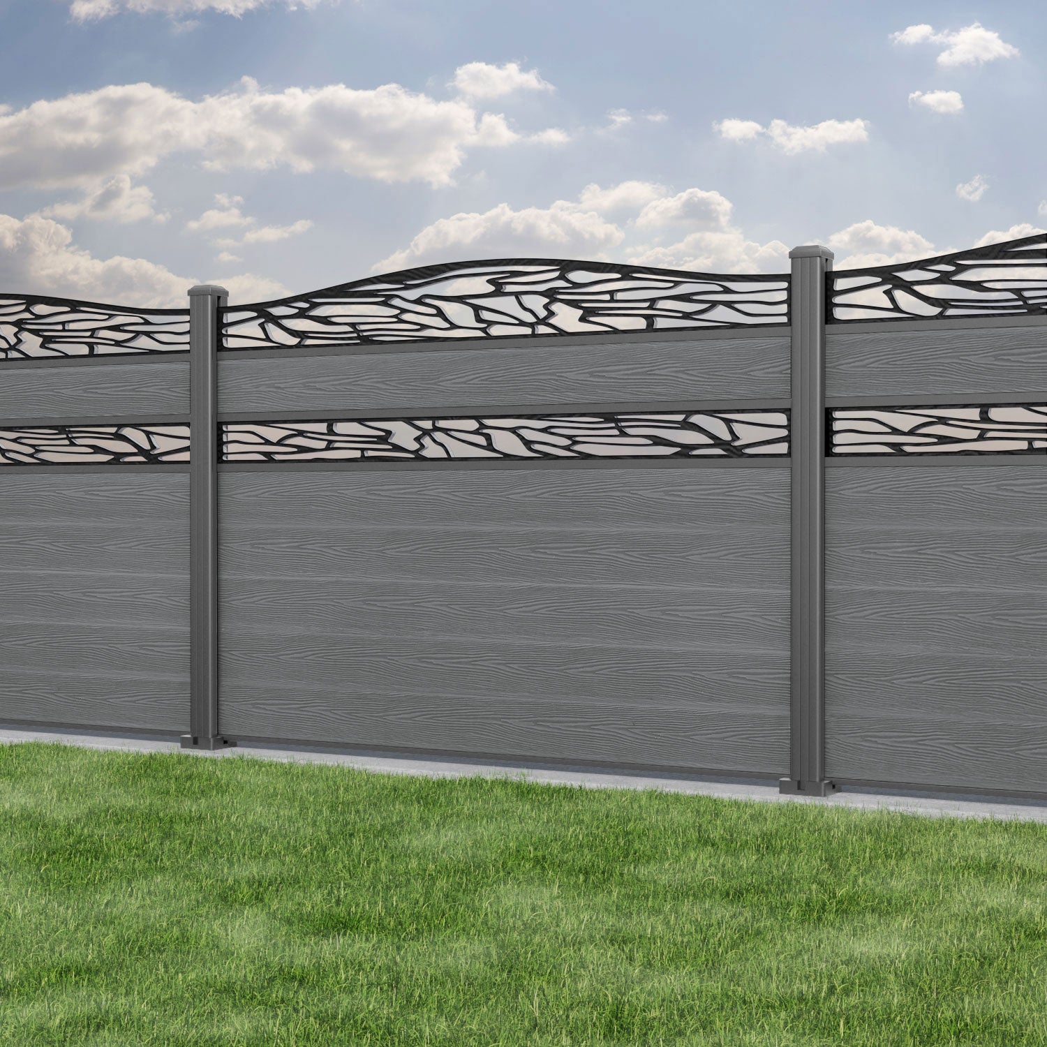 Classic Shatter Curved Top Split Screen Fence Panel - Mid Grey - with our aluminium posts