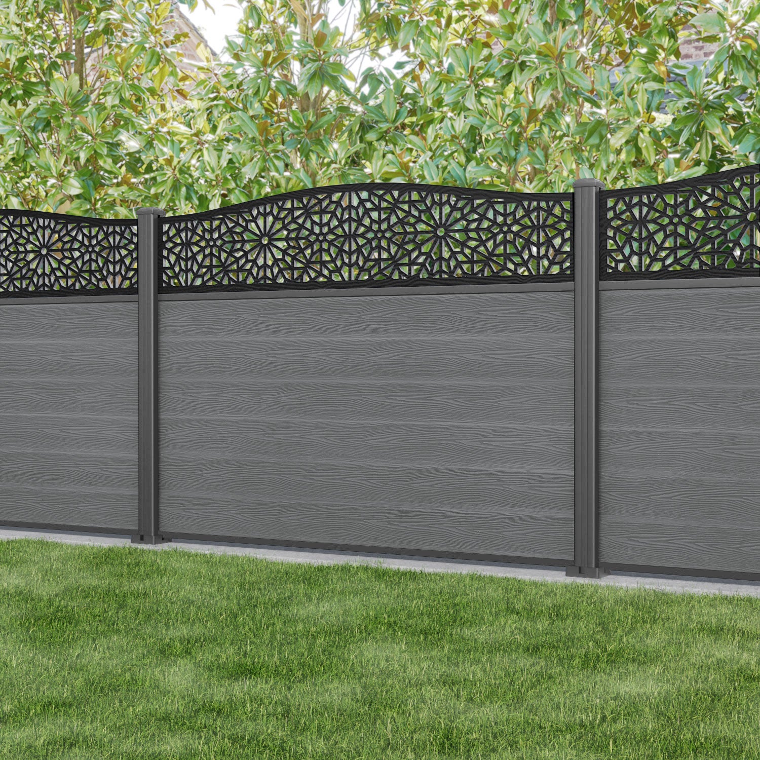 Classic Alnara Curved Top Fence Panel - Mid Grey - with our aluminium posts
