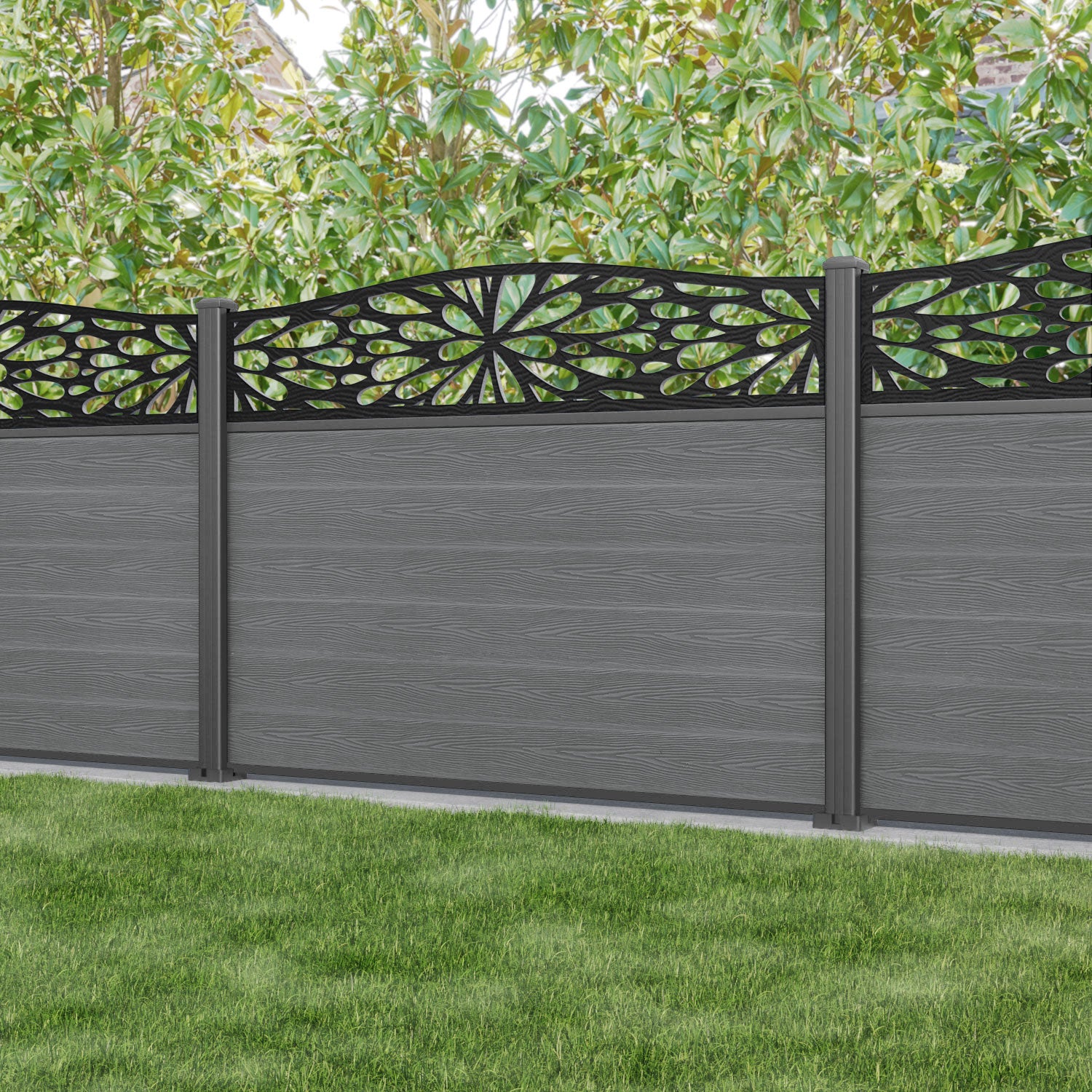 Classic Blossom Curved Top Fence Panel - Mid Grey - with our aluminium posts