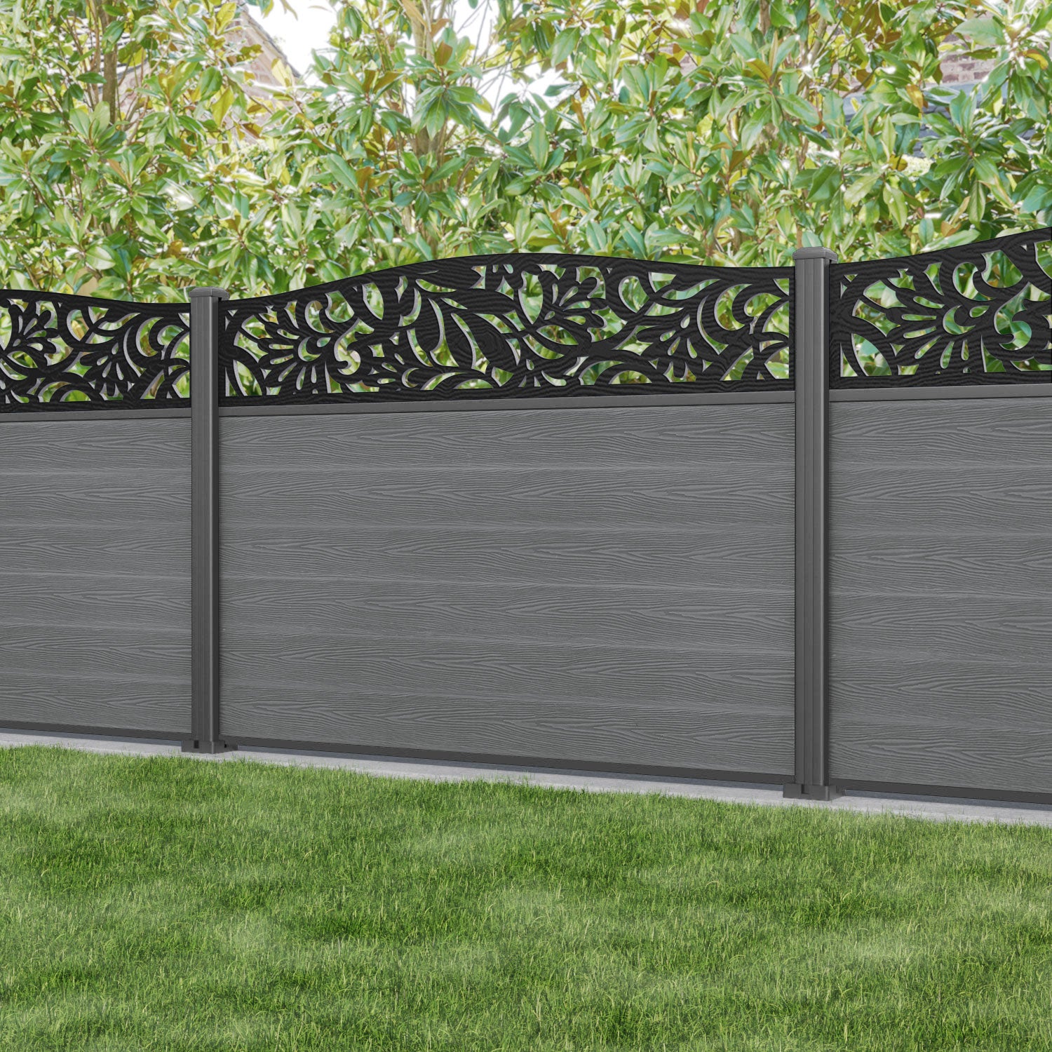 Classic Heritage Curved Top Fence Panel - Mid Grey - with our aluminium posts