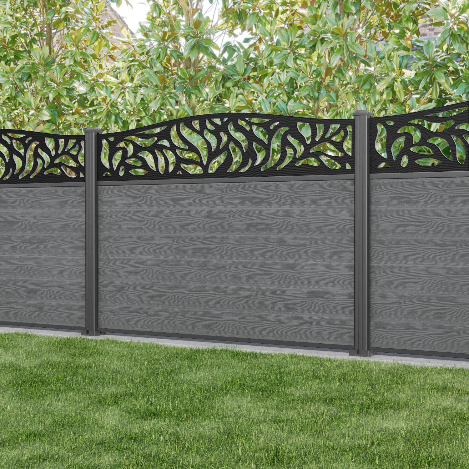 Classic Plume Curved Top Fence Panel - Mid Grey - with our aluminium posts