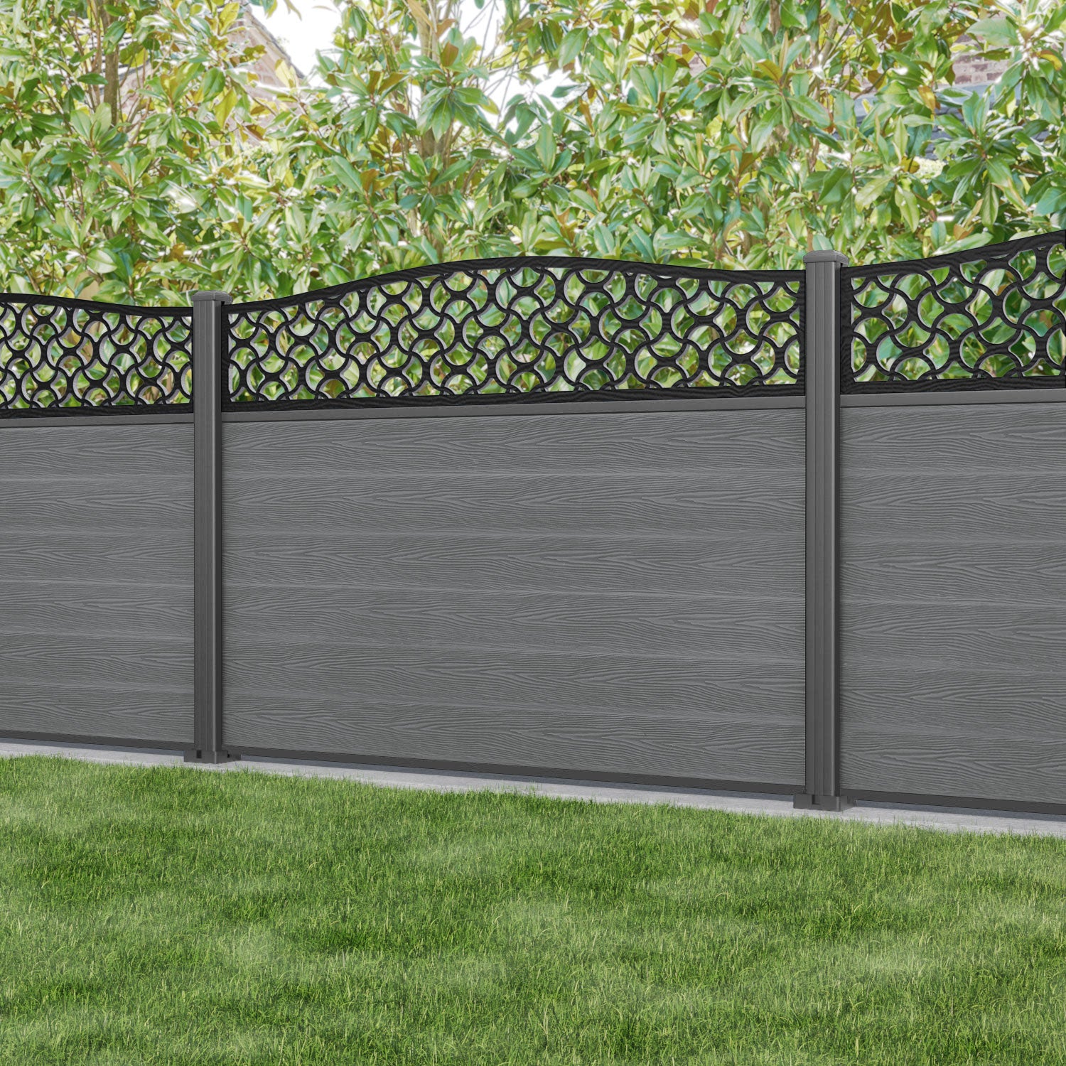 Classic Vida Curved Top Fence Panel - Mid Grey - with our aluminium posts