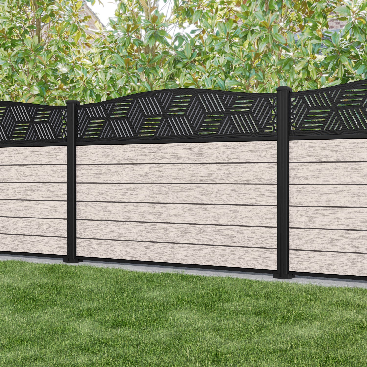 Fusion Cubed Curved Top Fence Panel - Mid Stone - with our aluminium posts