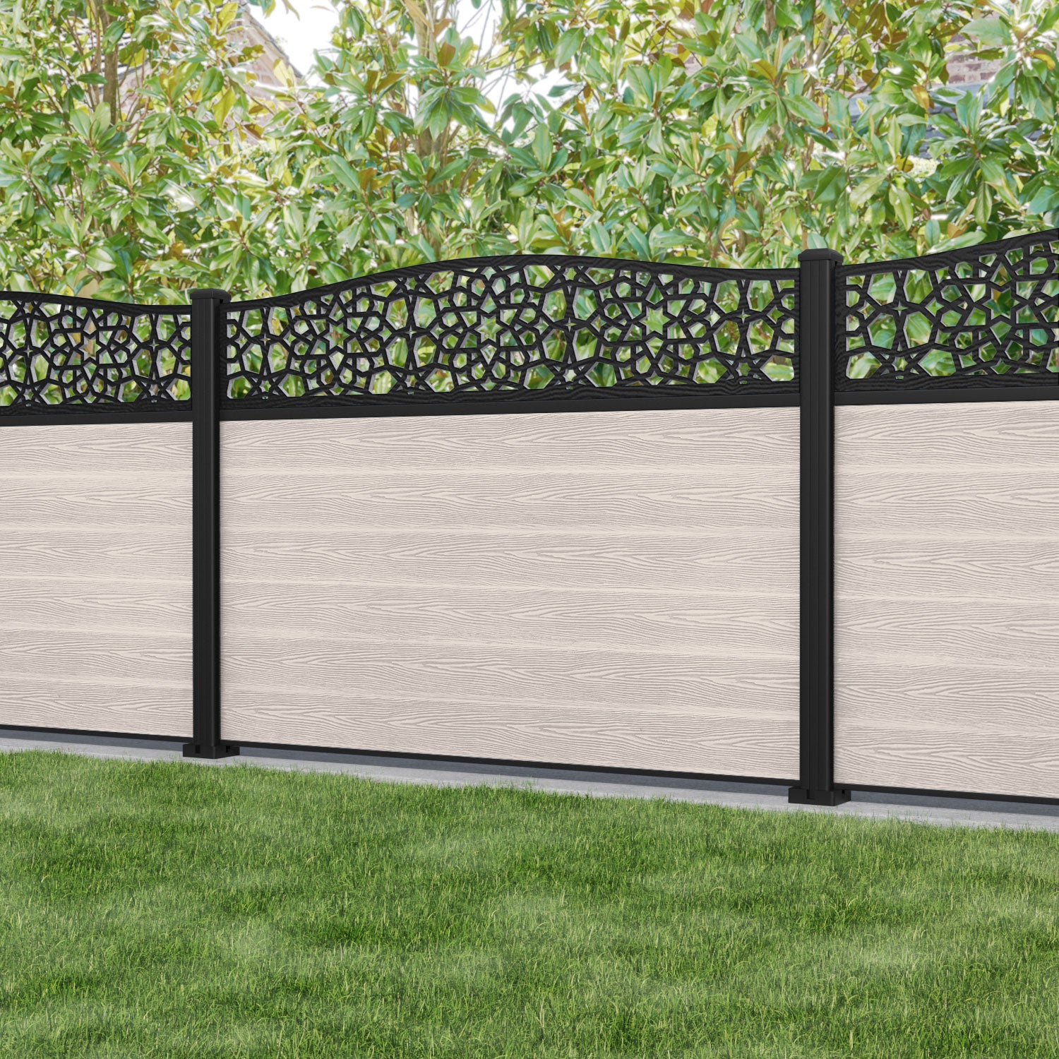 Classic Nazira Curved Top Fence Panel - Mid Stone - with our aluminium posts
