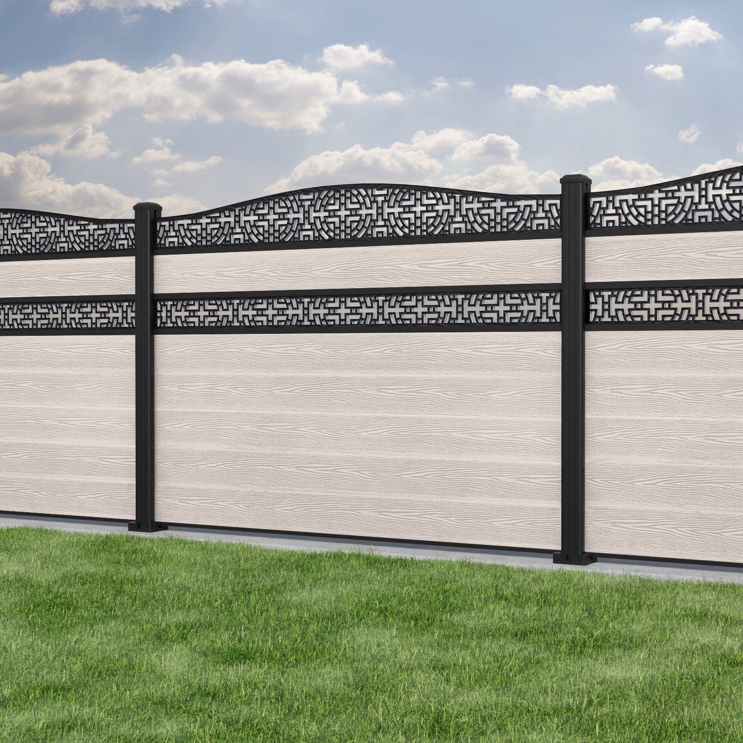 Classic Kumo Curved Top Split Screen Fence Panel - Mid Stone - with our aluminium posts