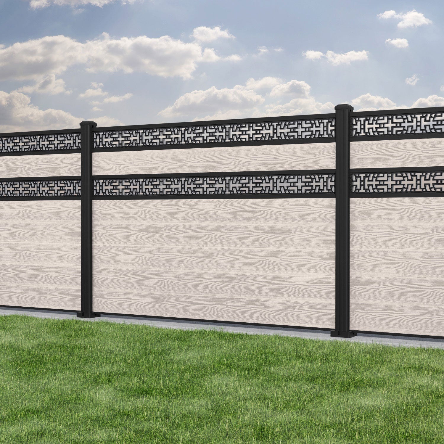 Classic Kumo Split Screen Fence Panel - Mid Stone - with our aluminium posts