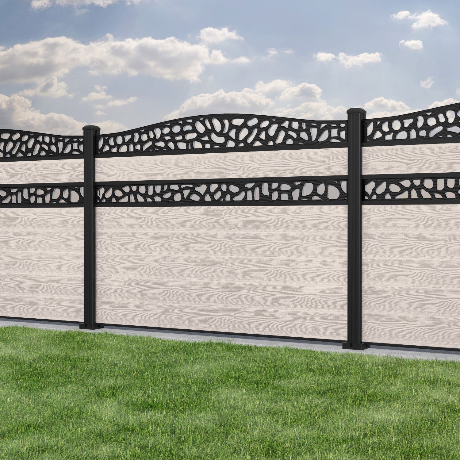 Classic Pebble Curved Top Split Screen Fence Panel - Mid Stone - with our aluminium posts