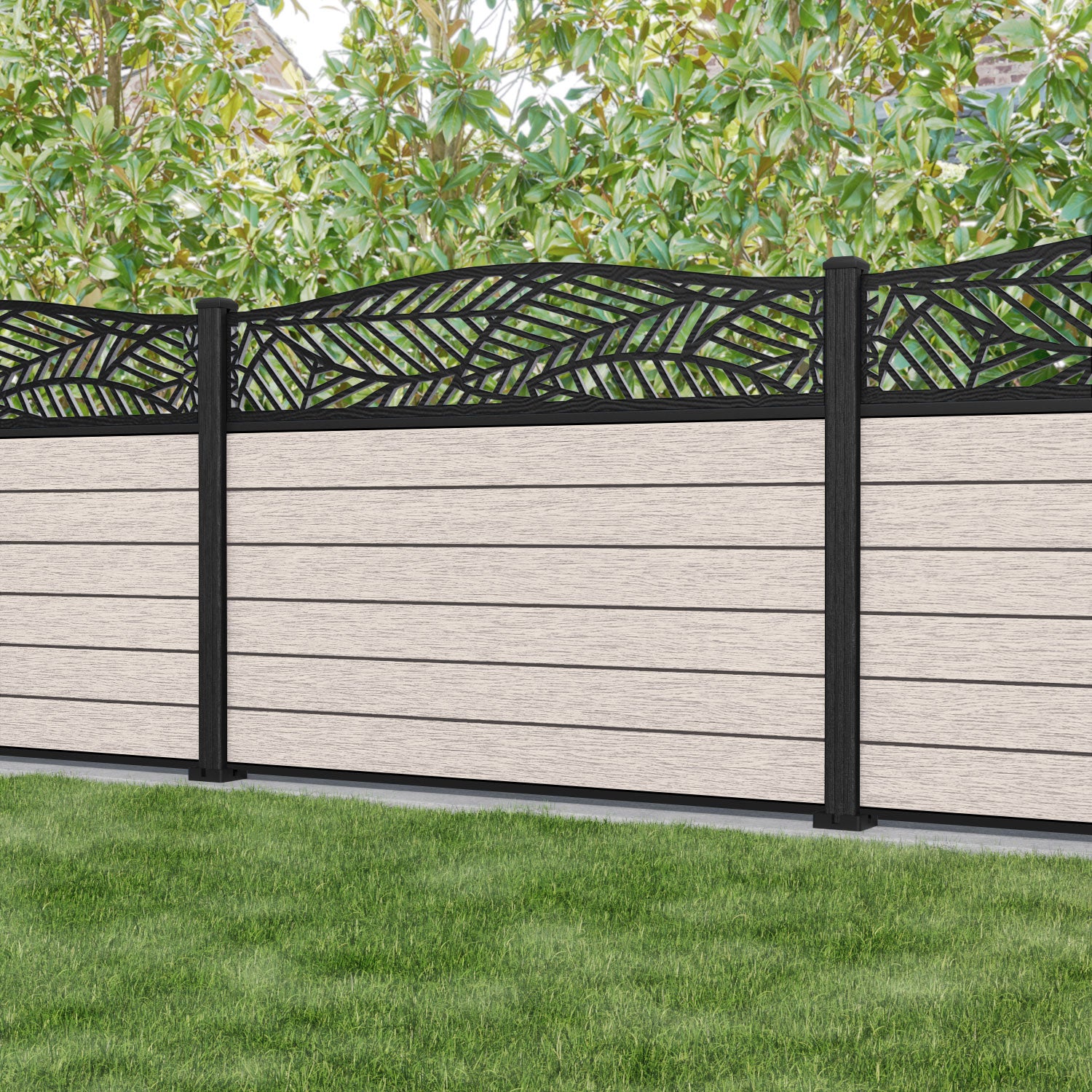 Fusion Habitat Curved Top Fence Panel - Mid Stone - with our composite posts