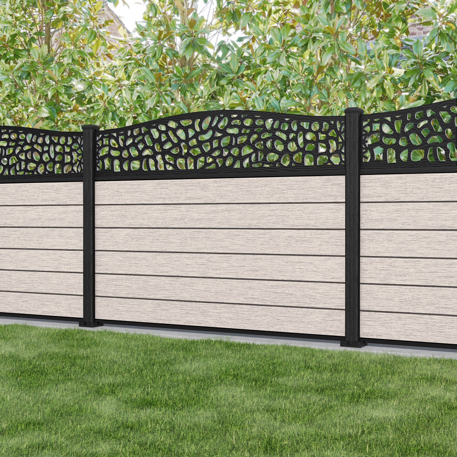 Fusion Pebble Curved Top Fence Panel - Mid Stone - with our composite posts