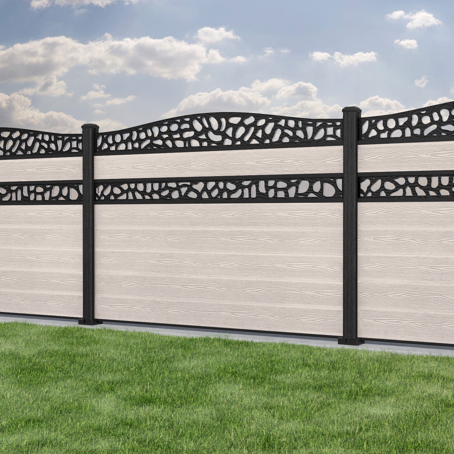 Classic Pebble Curved Top Split Screen Fence Panel - Mid Stone - with our composite posts