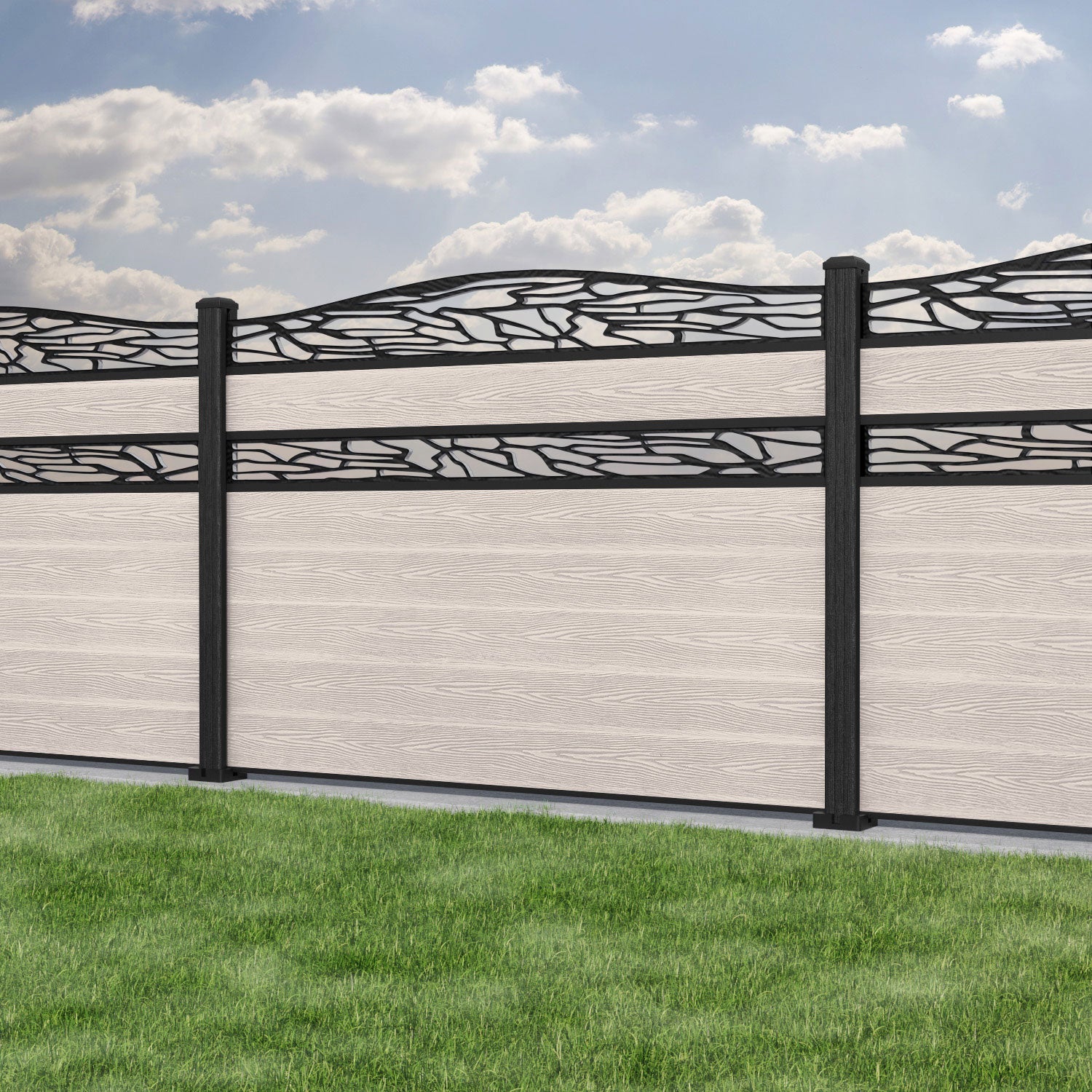 Classic Shatter Curved Top Split Screen Fence Panel - Mid Stone - with our composite posts