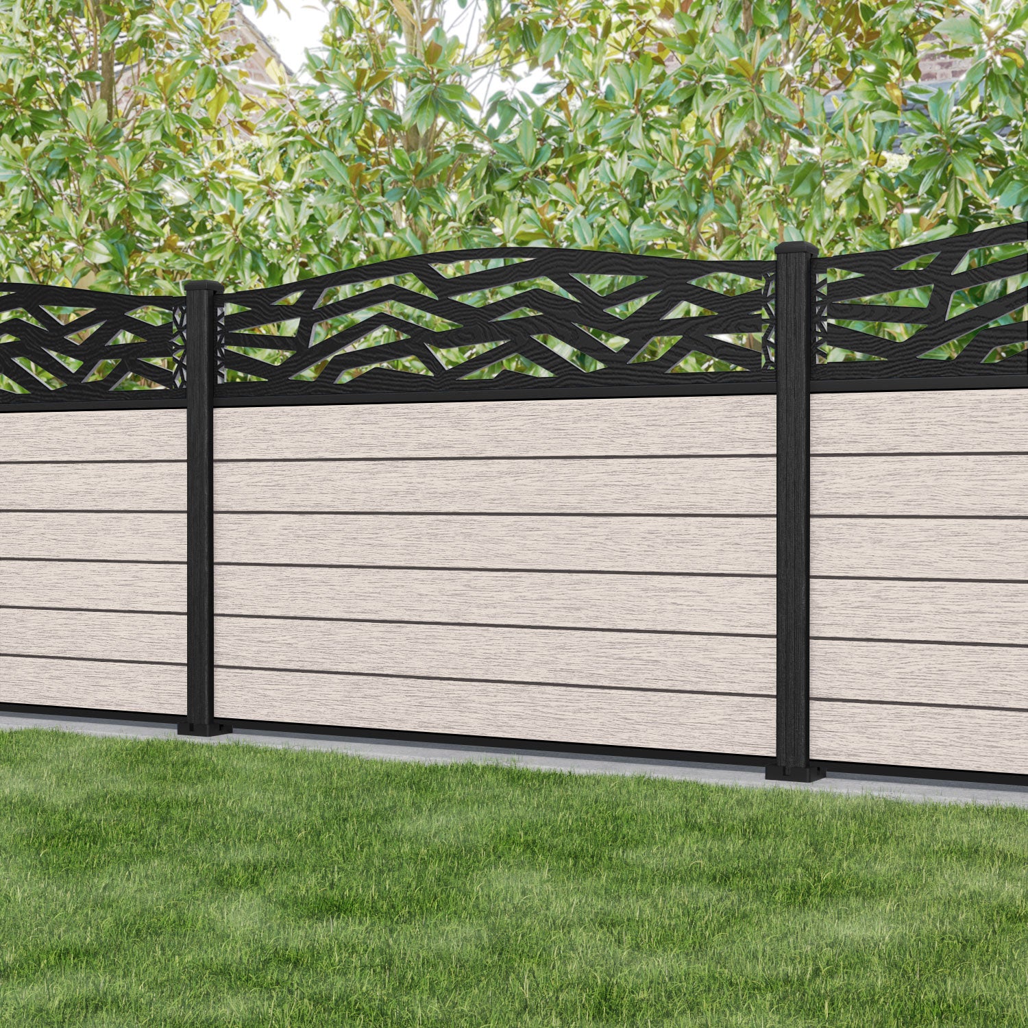 Fusion Zenith Curved Top Fence Panel - Mid Stone - with our composite posts