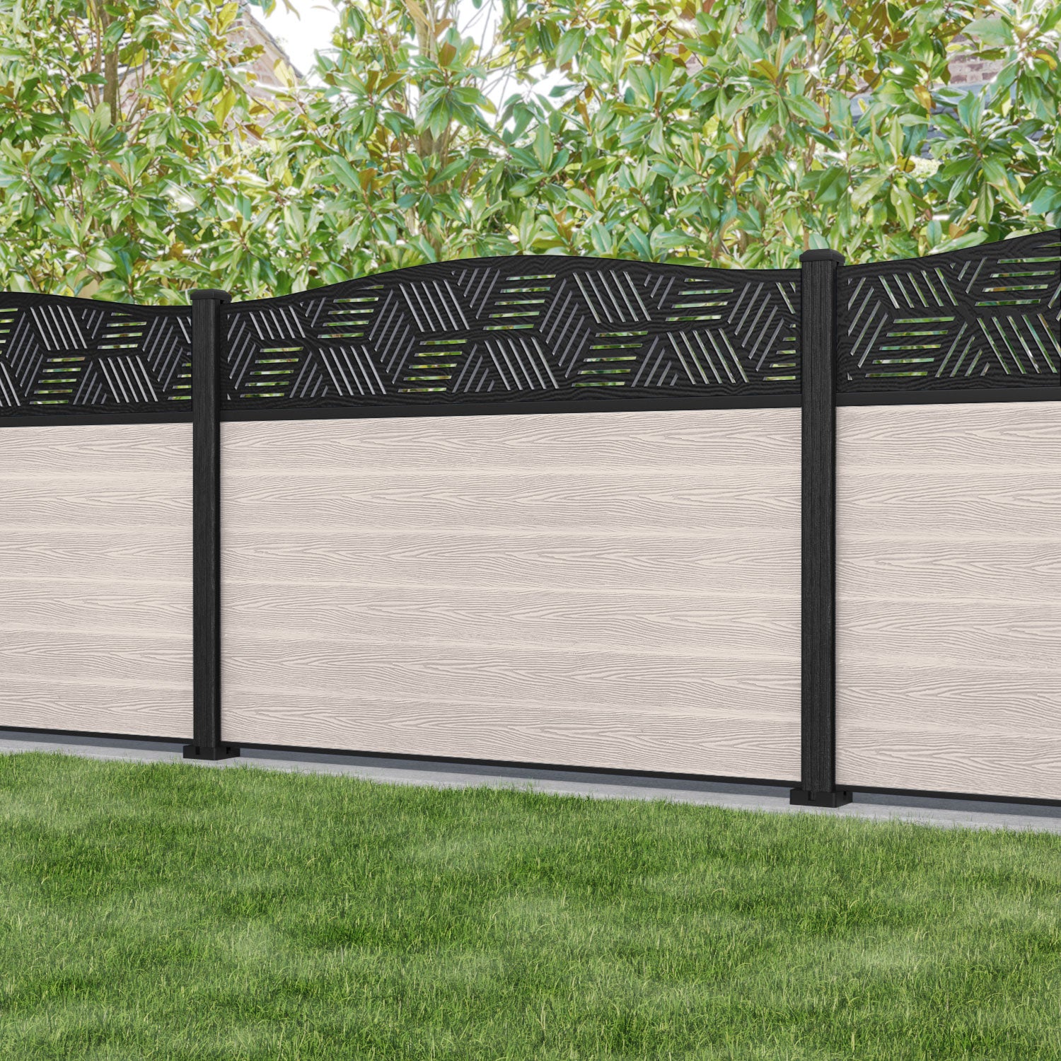 Classic Cubed Curved Top Fence Panel - Mid Stone - with our composite posts