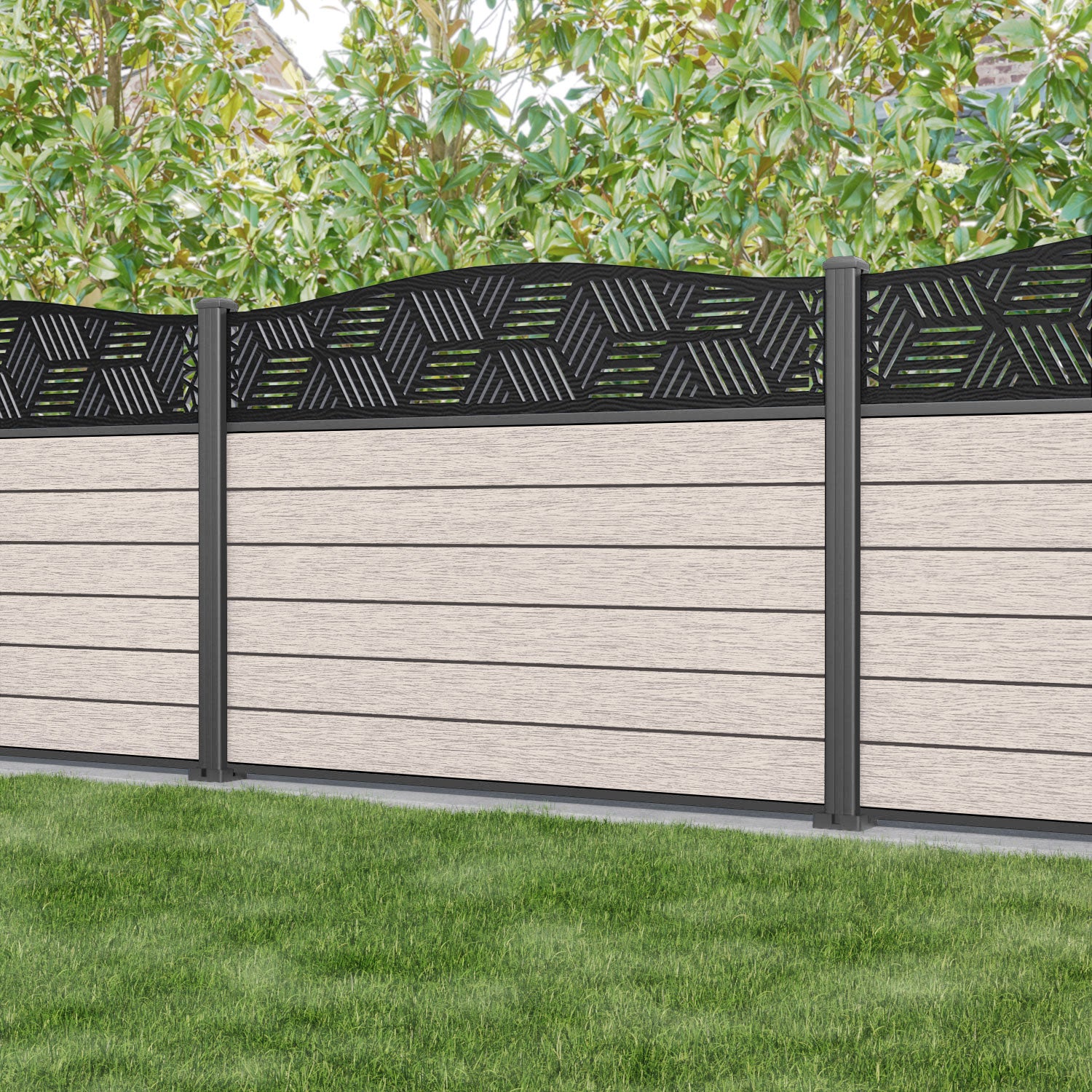 Fusion Cubed Curved Top Fence Panel - Mid Stone - with our aluminium posts