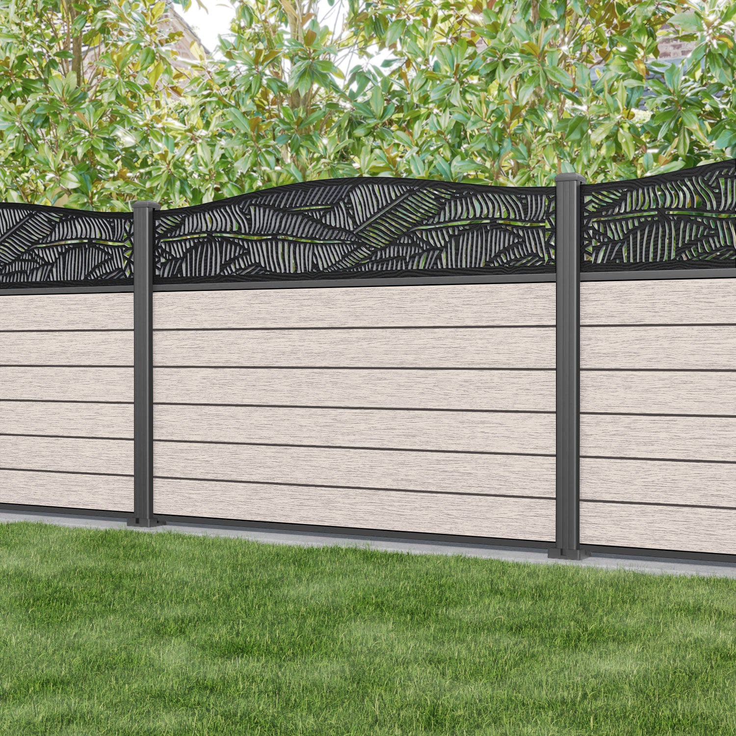 Fusion Feather Curved Top Fence Panel - Mid Stone - with our aluminium posts