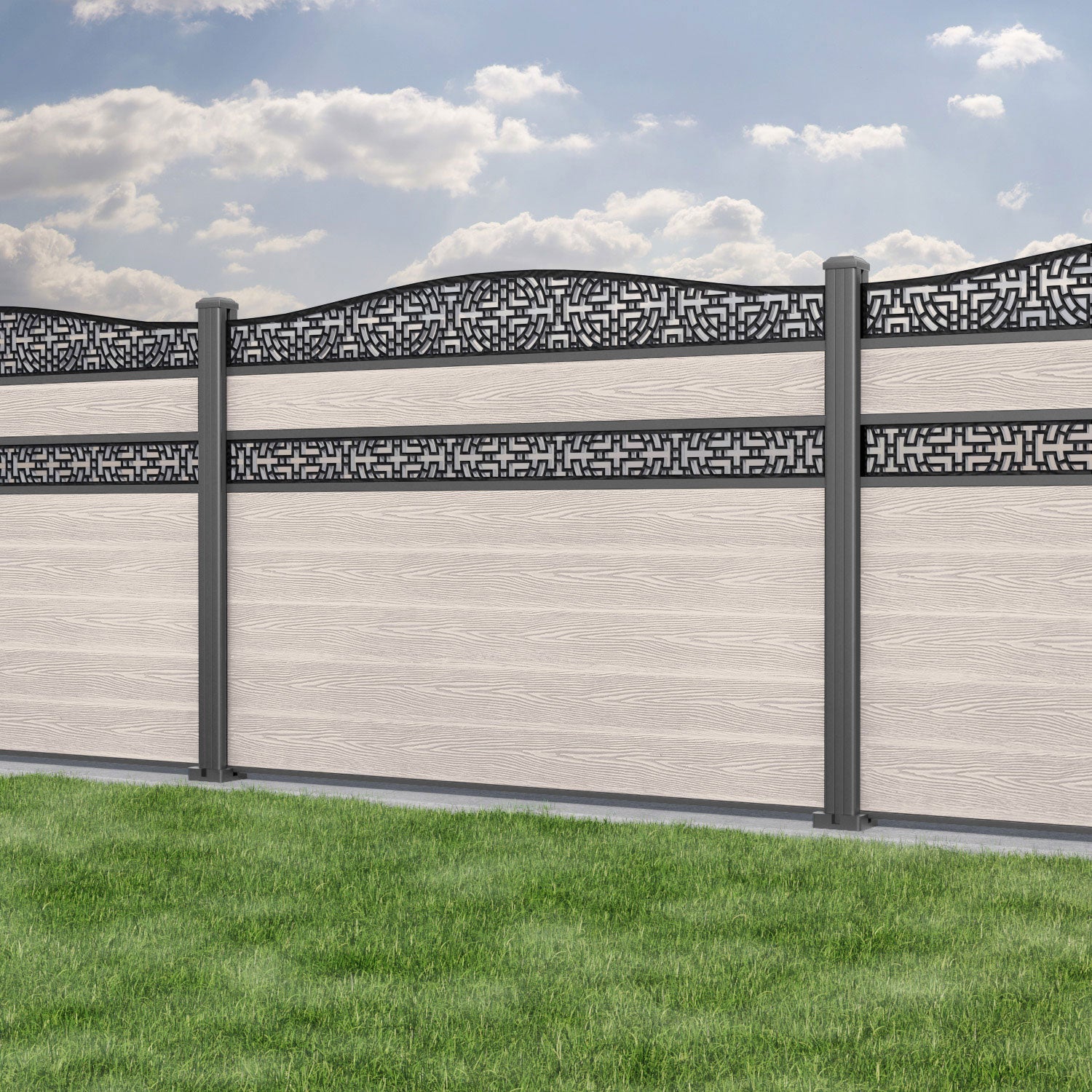 Classic Kumo Curved Top Split Screen Fence Panel - Mid Stone - with our aluminium posts