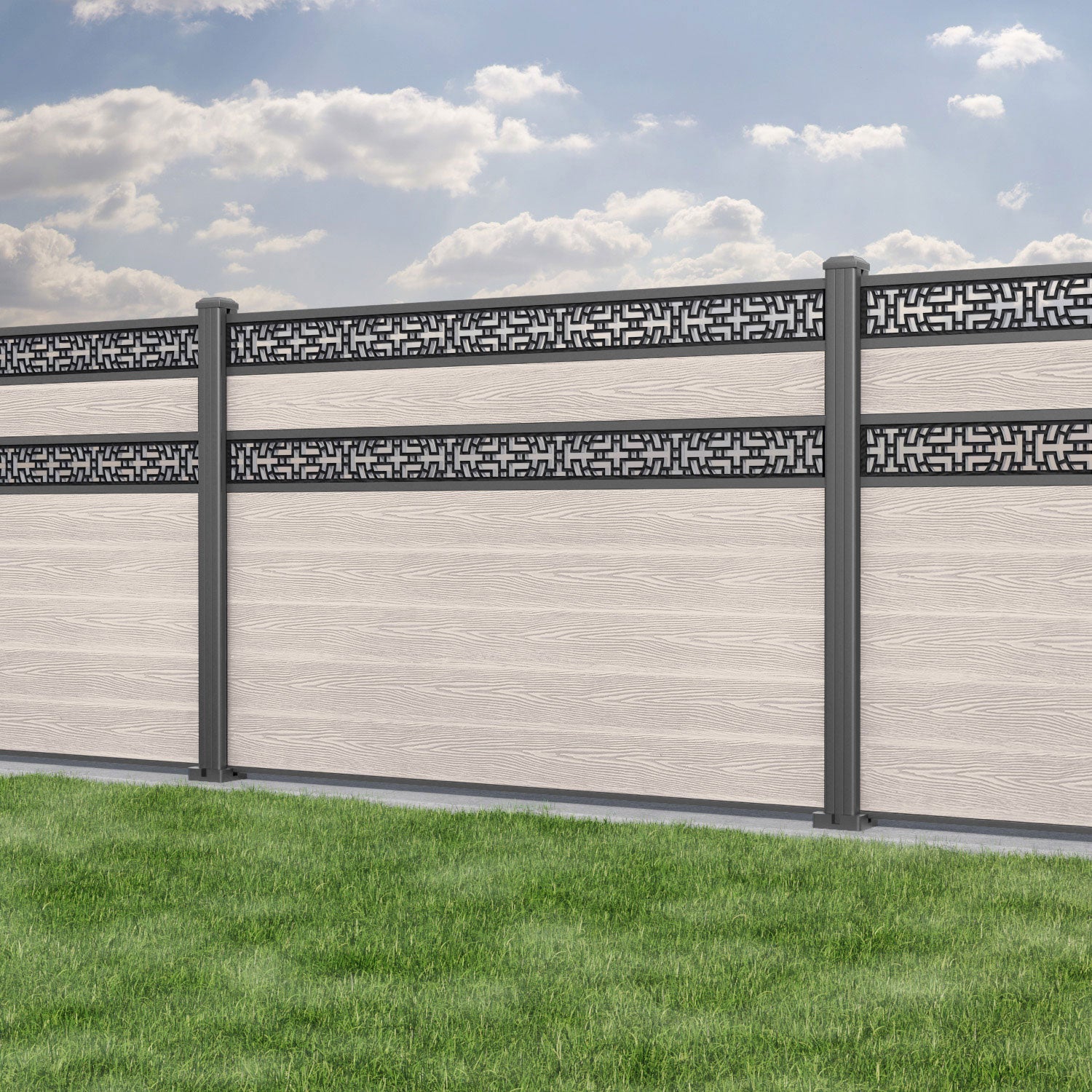 Classic Kumo Split Screen Fence Panel - Mid Stone - with our aluminium posts