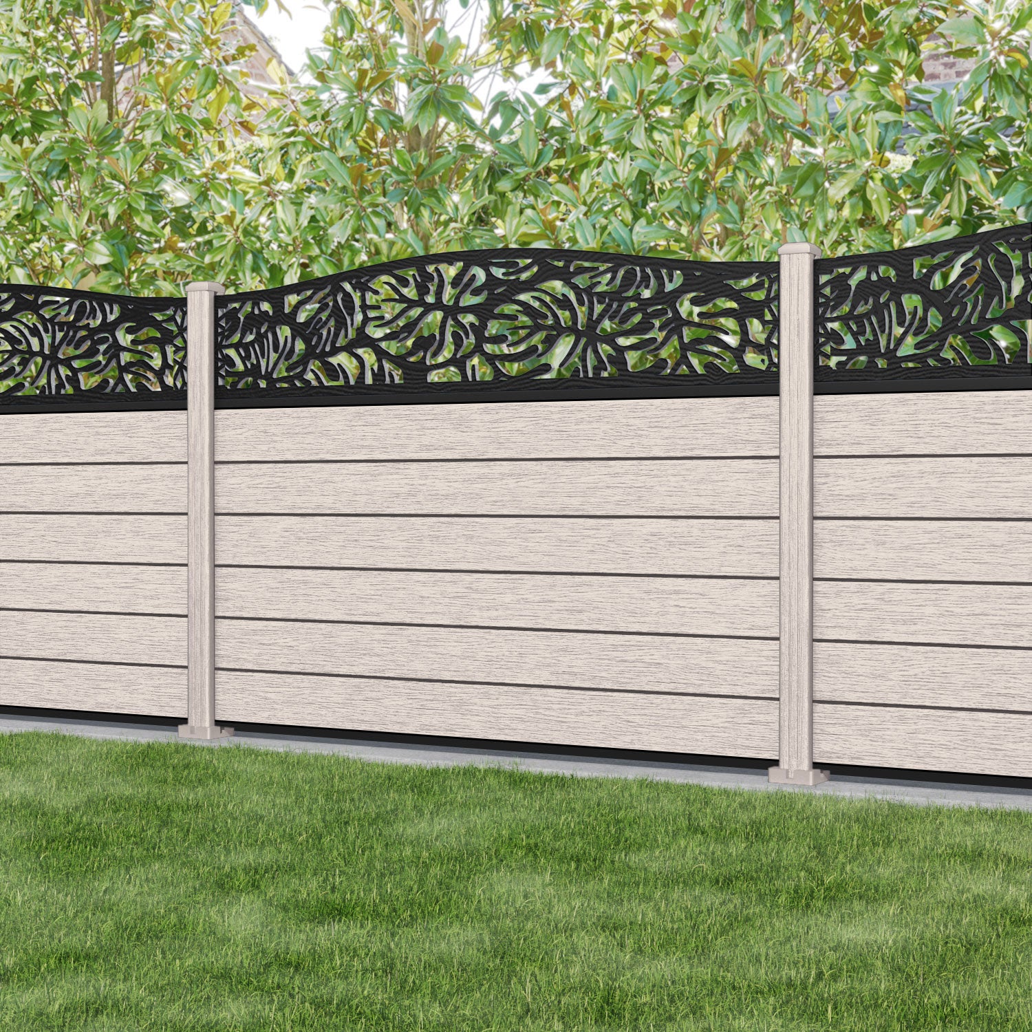 Fusion Botanic Curved Top Fence Panel - Mid Stone - with our composite posts