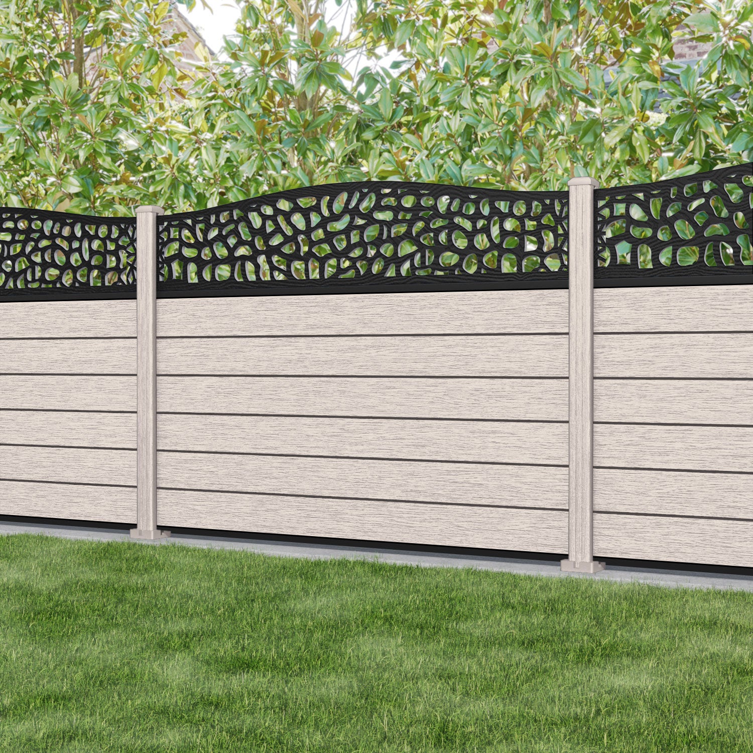 Fusion Pebble Curved Top Fence Panel - Mid Stone - with our composite posts