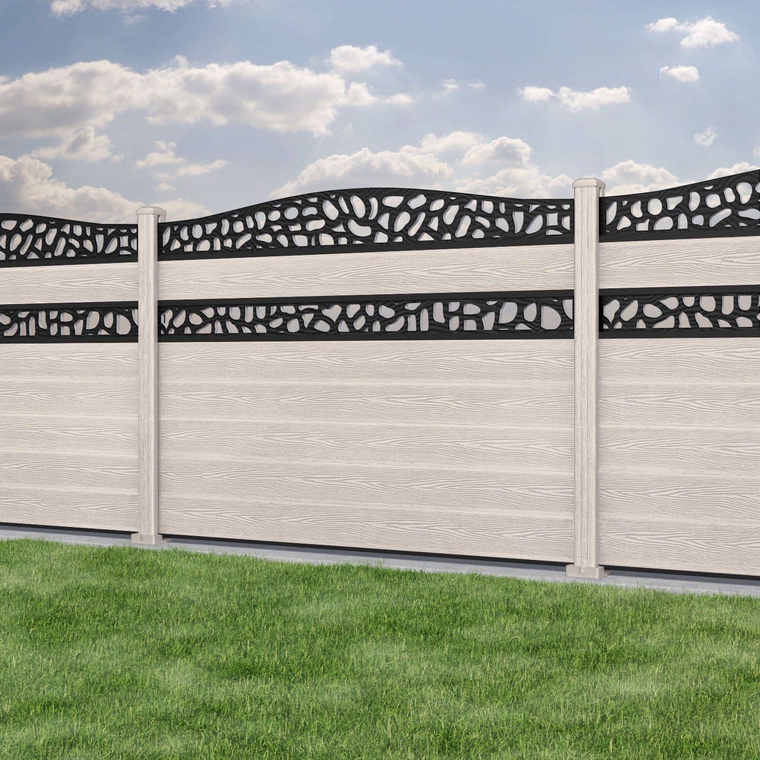 Classic Pebble Curved Top Split Screen Fence Panel - Mid Stone - with our composite posts