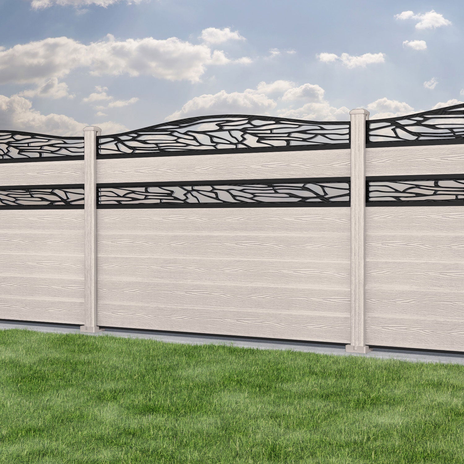 Classic Shatter Curved Top Split Screen Fence Panel - Mid Stone - with our composite posts