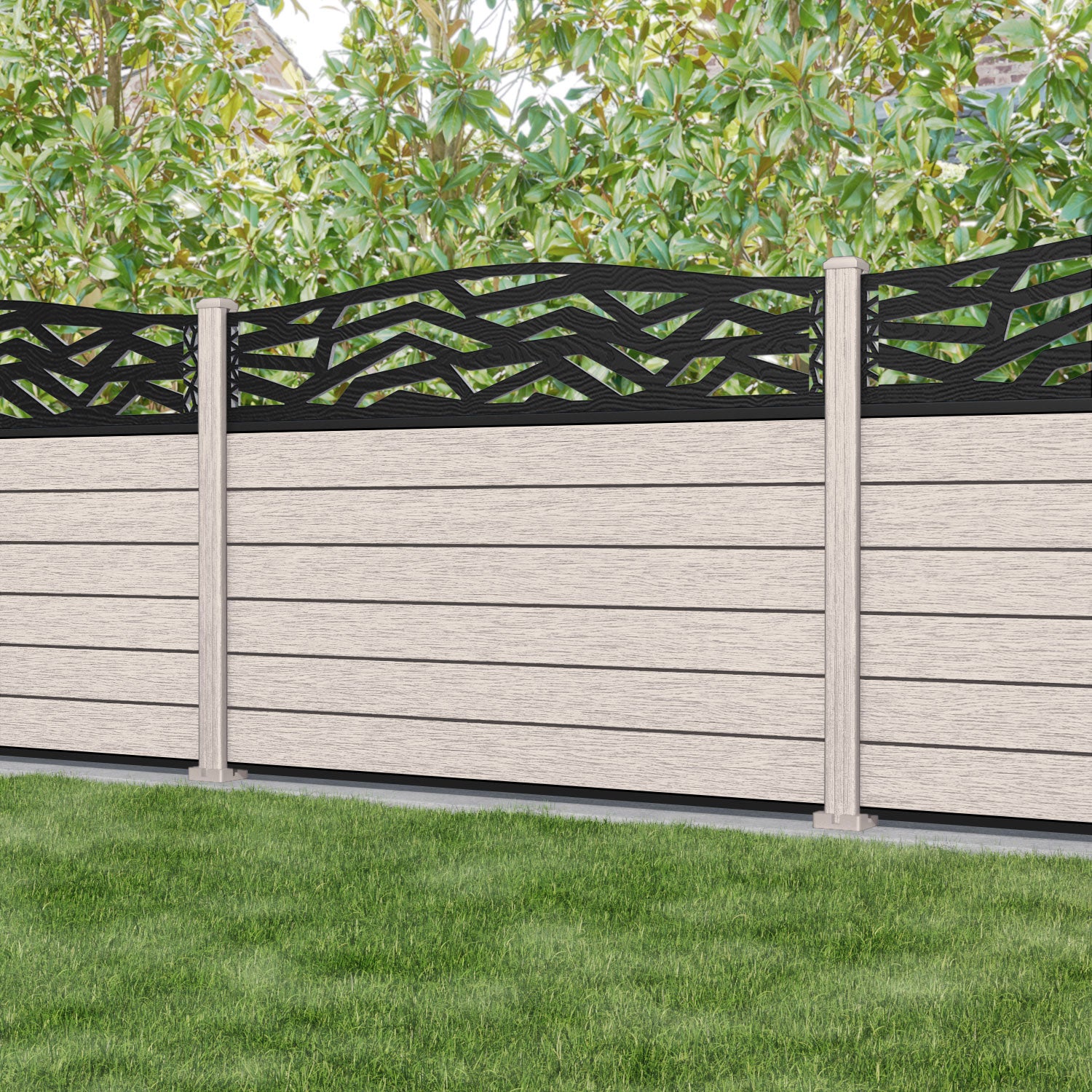 Fusion Zenith Curved Top Fence Panel - Mid Stone - with our composite posts