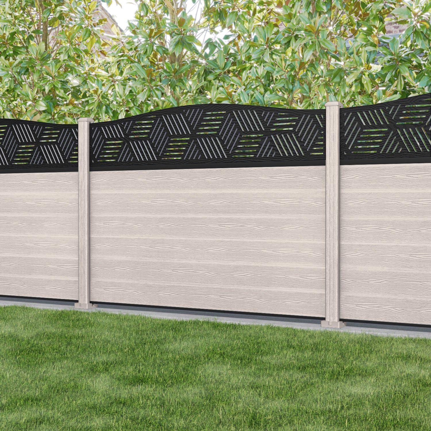 Classic Cubed Curved Top Fence Panel - Mid Stone - with our composite posts