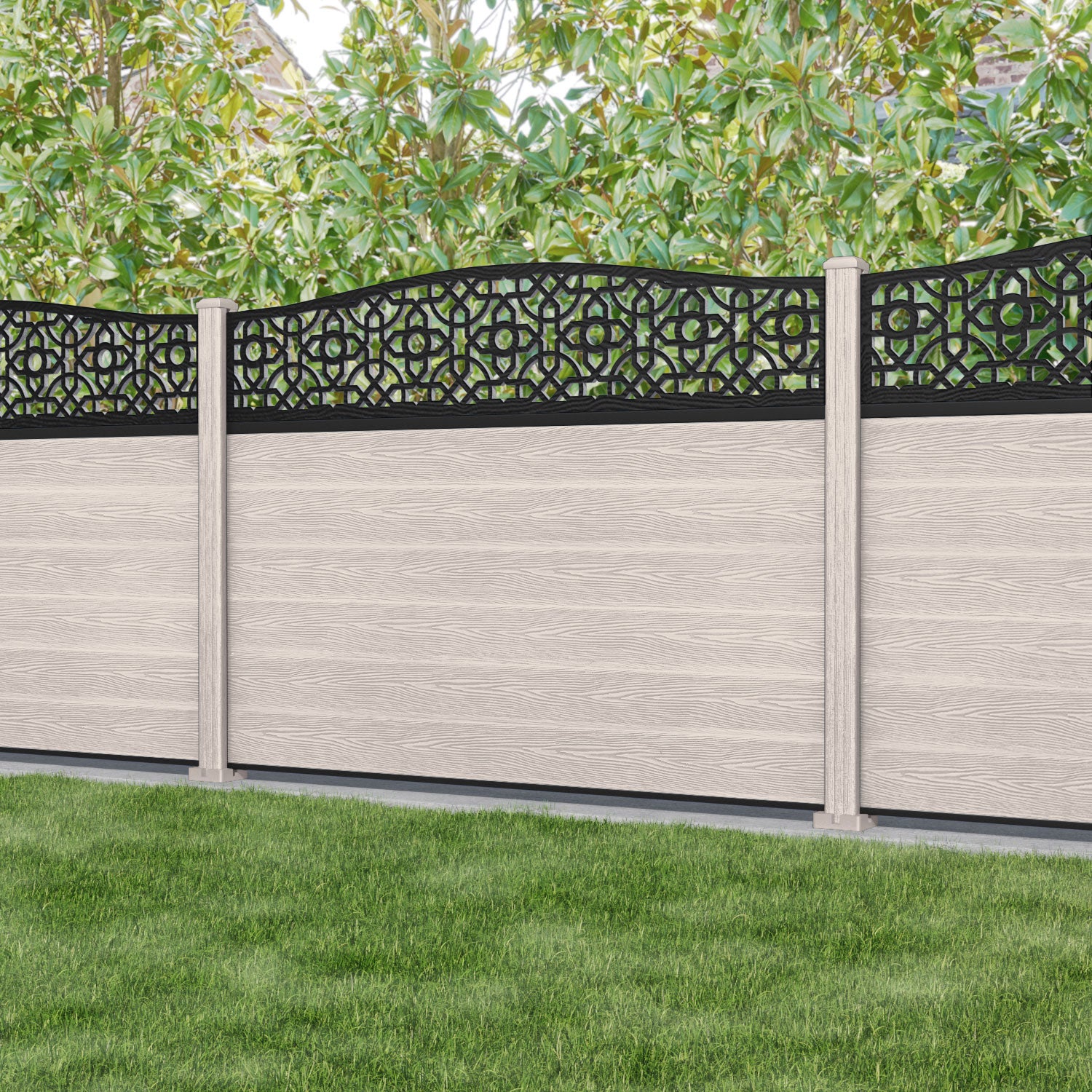 Classic Nabila Curved Top Fence Panel - Mid Stone - with our composite posts