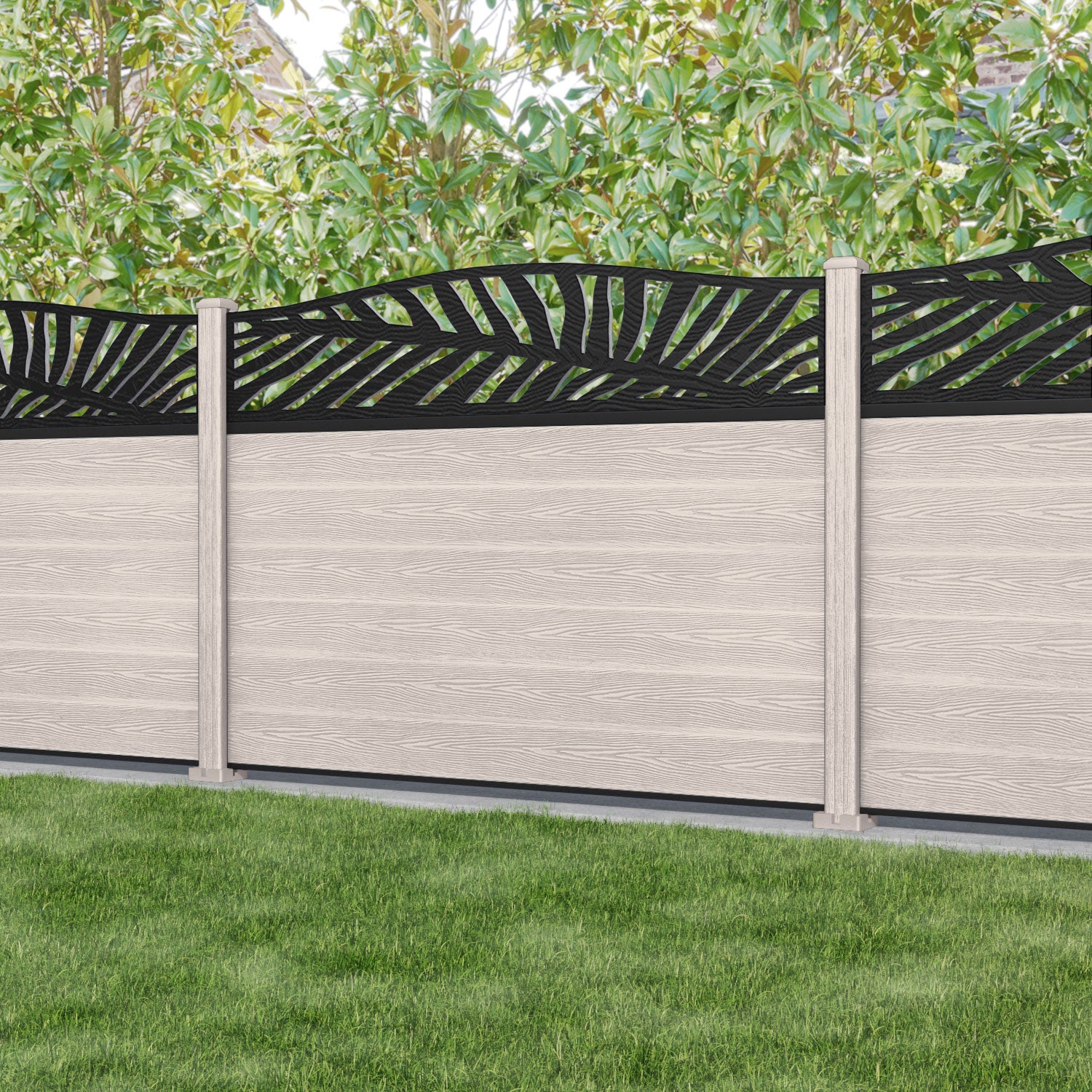 Classic Palm Curved Top Fence Panel - Mid Stone - with our composite posts