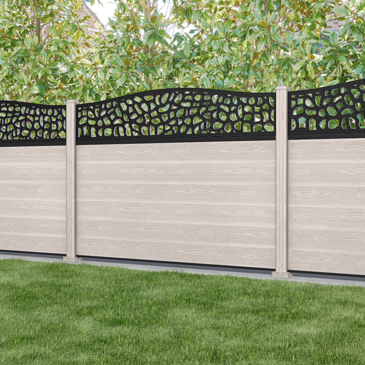 Classic Pebble Curved Top Fence Panel - Mid Stone - with our composite posts