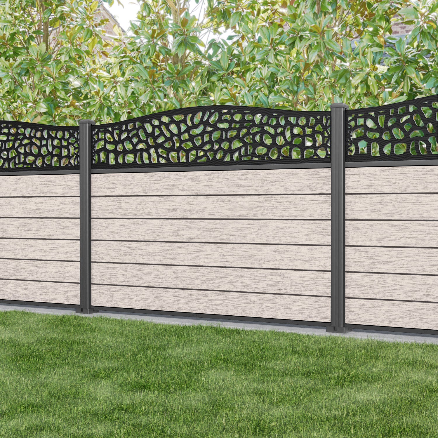Fusion Pebble Curved Top Fence Panel - Mid Stone - with our aluminium posts