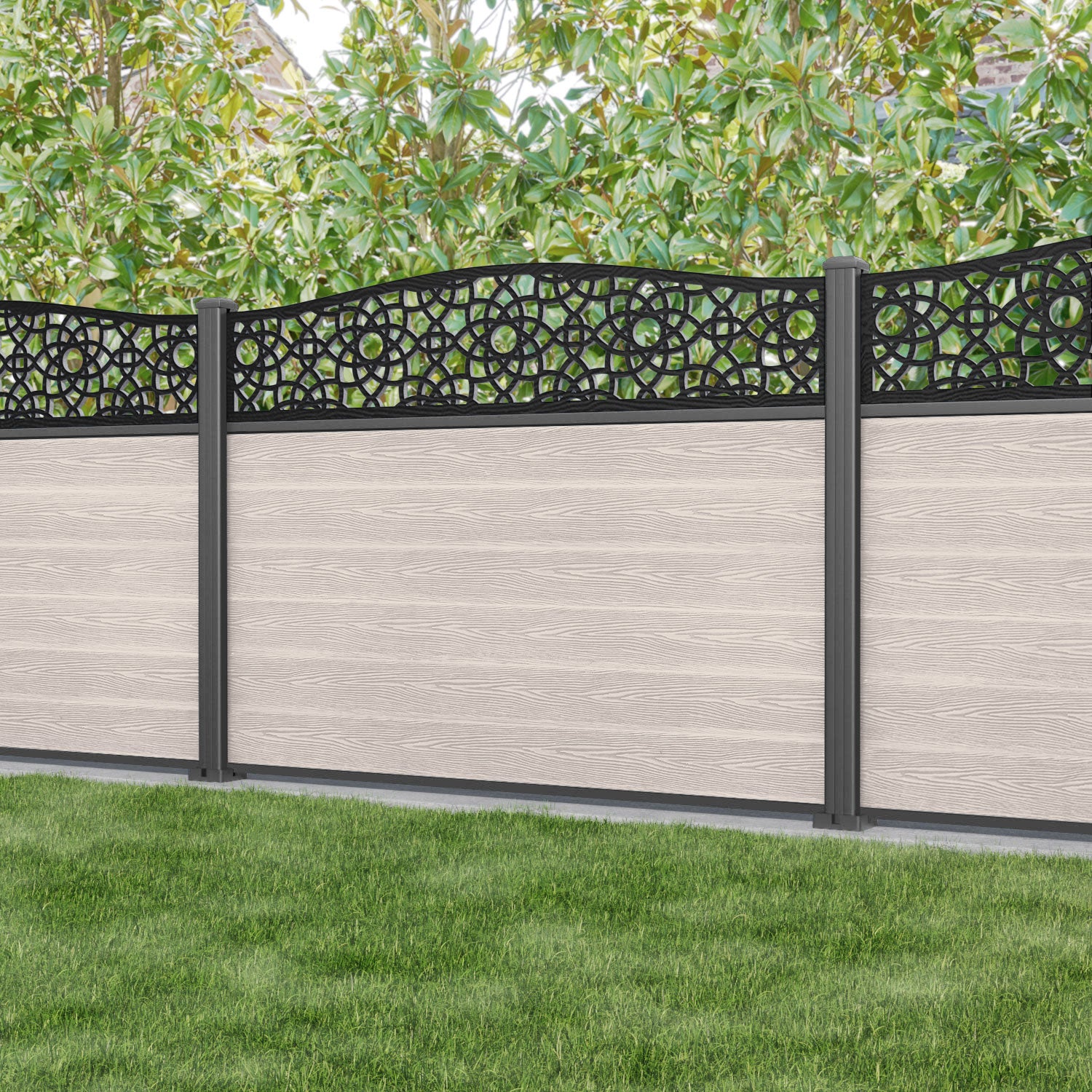 Classic Ambar Curved Top Fence Panel - Mid Stone - with our aluminium posts