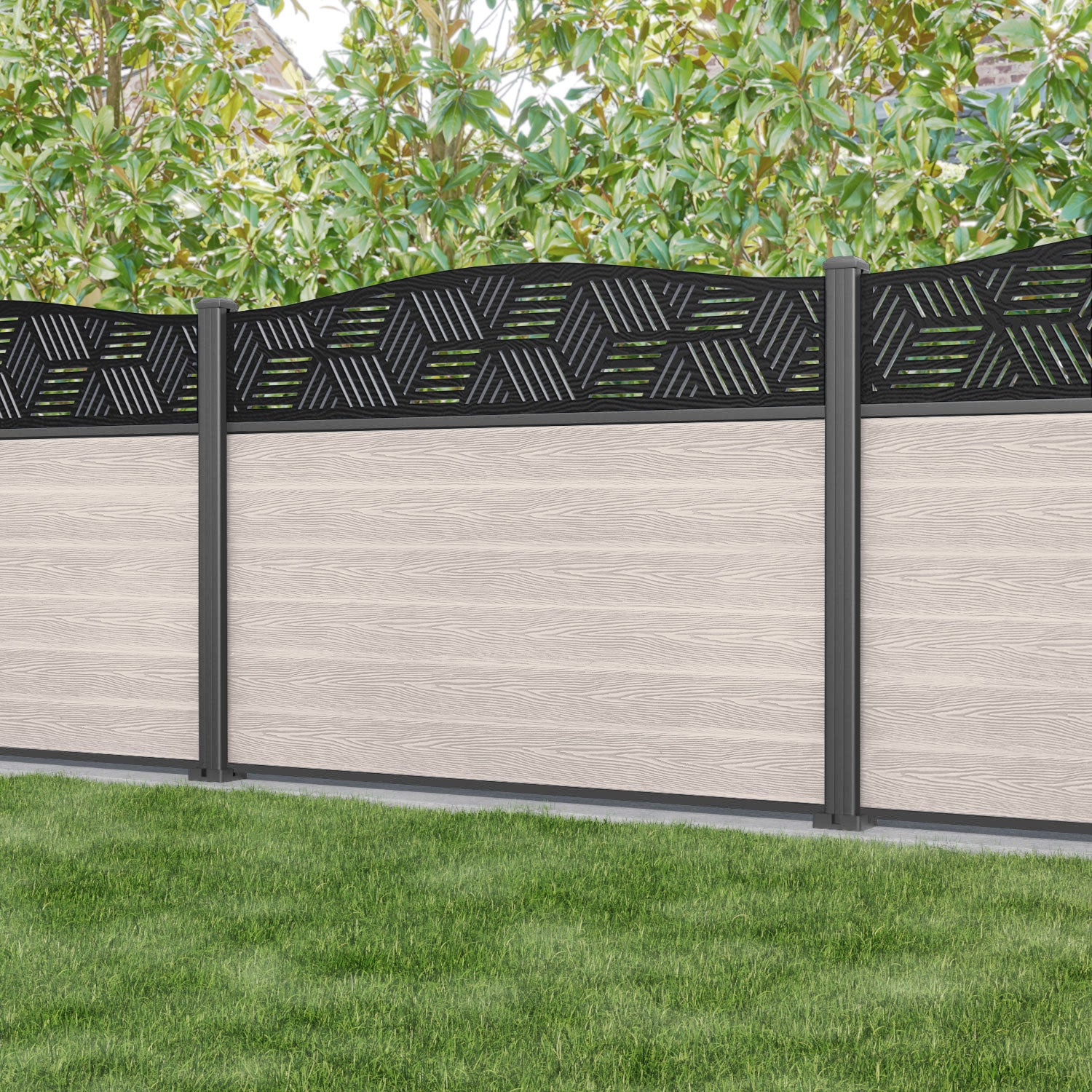 Classic Cubed Curved Top Fence Panel - Mid Stone - with our aluminium posts