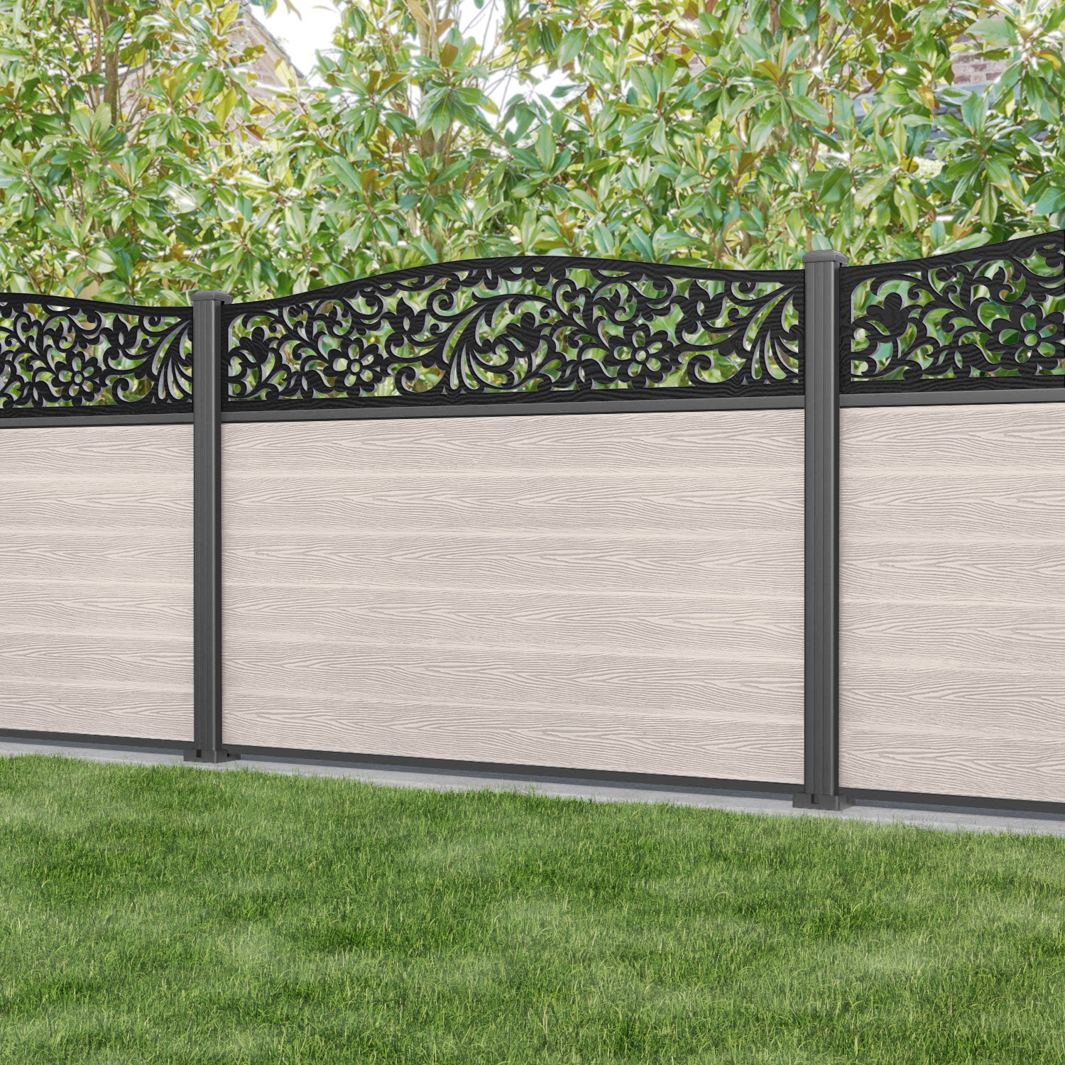 Classic Eden Curved Top Fence Panel - Mid Stone - with our aluminium posts