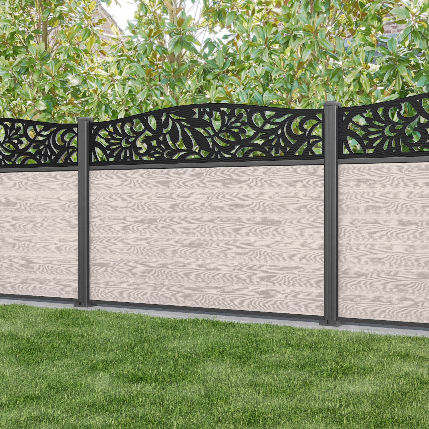 Classic Heritage Curved Top Fence Panel - Mid Stone - with our aluminium posts