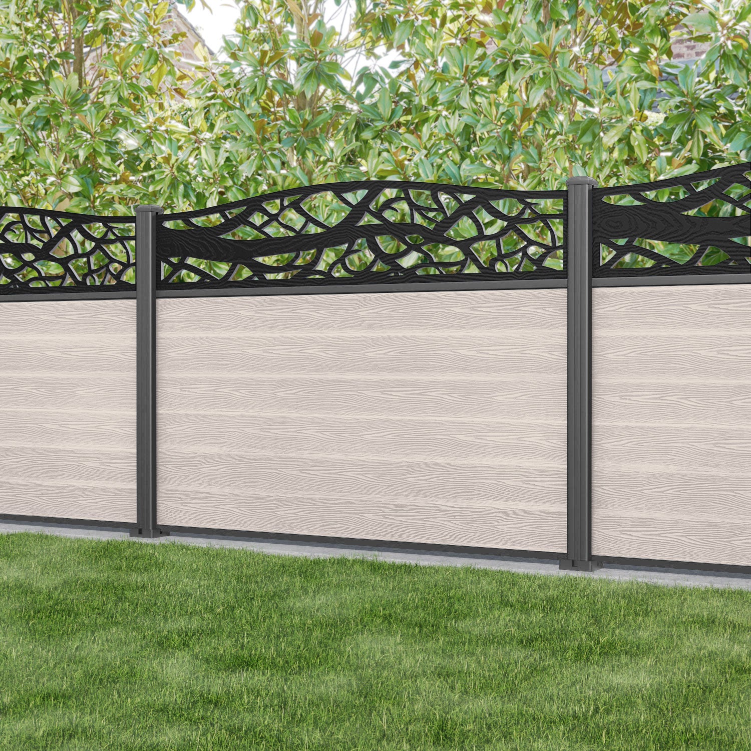 Classic Twilight Curved Top Fence Panel - Mid Stone - with our aluminium posts