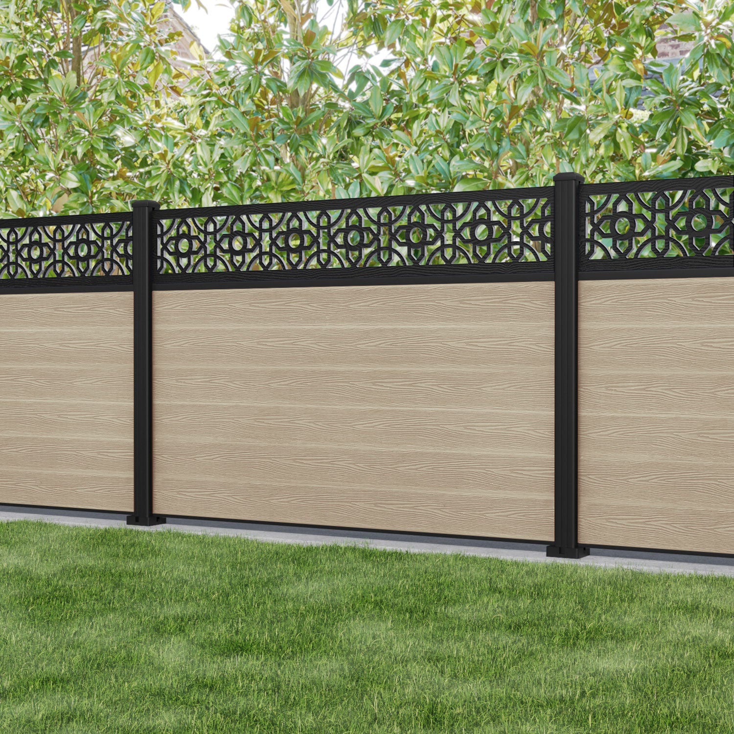 Classic Nabila Fence Panel - Light Oak - with our aluminium posts