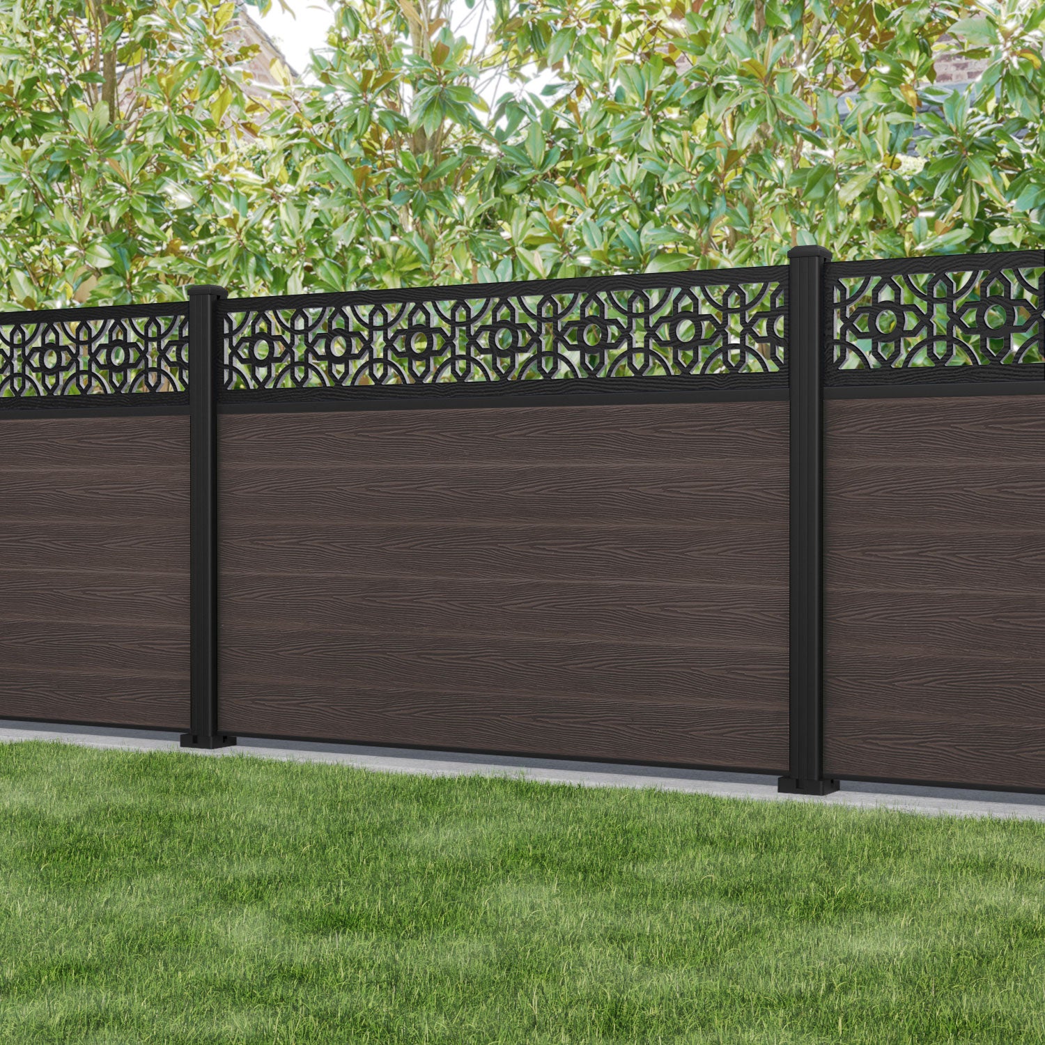 Classic Nabila Fence Panel - Mid Brown - with our aluminium posts