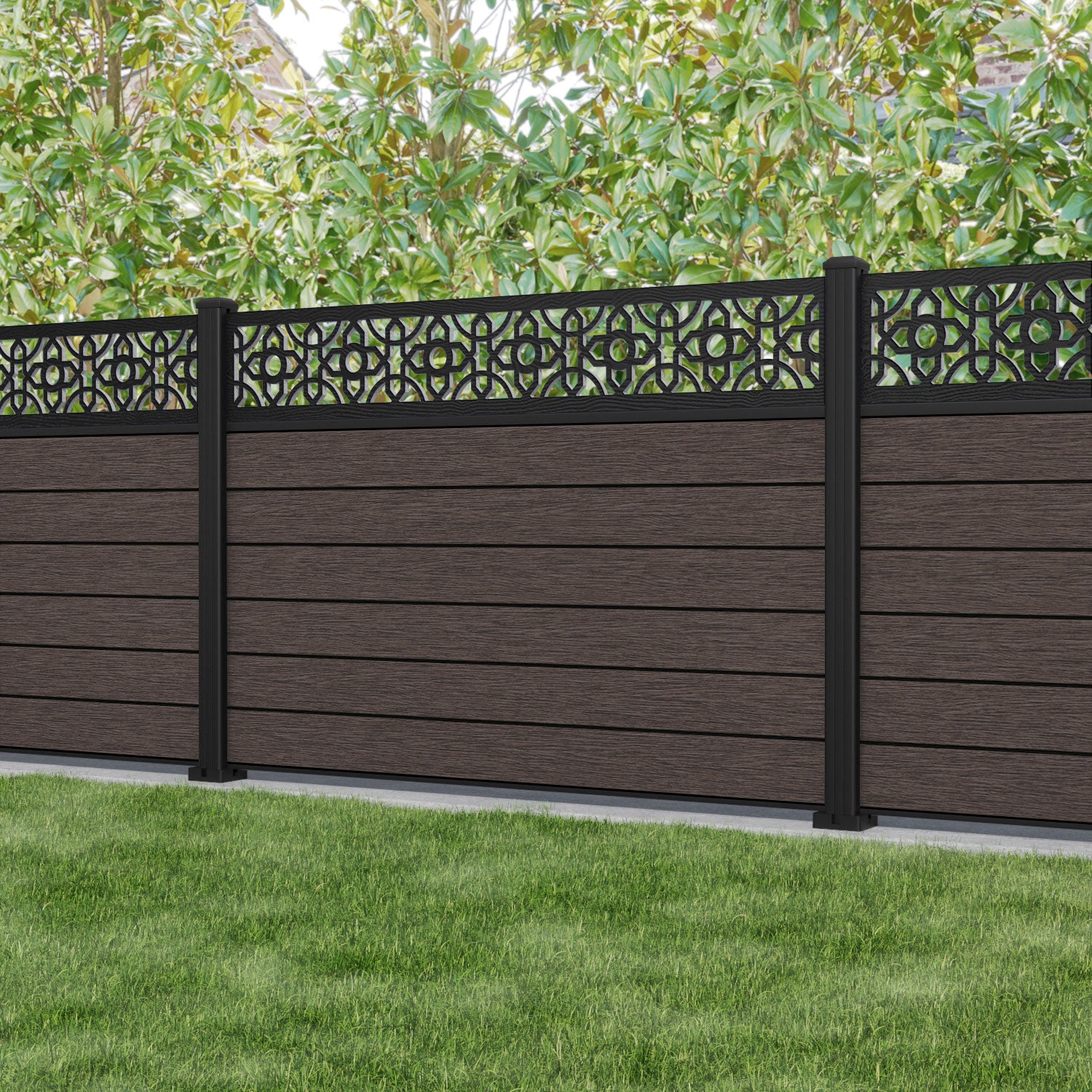 Fusion Nabila Fence Panel - Mid Brown - with our aluminium posts