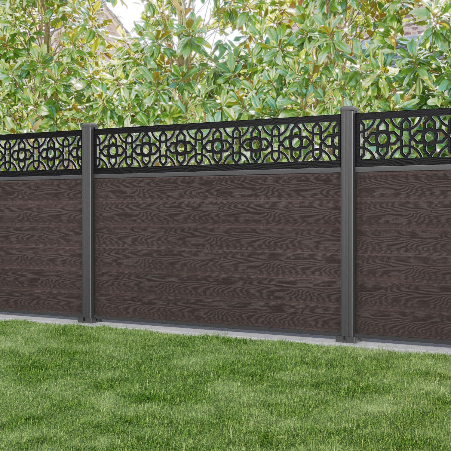 Classic Nabila Fence Panel - Mid Brown - with our aluminium posts