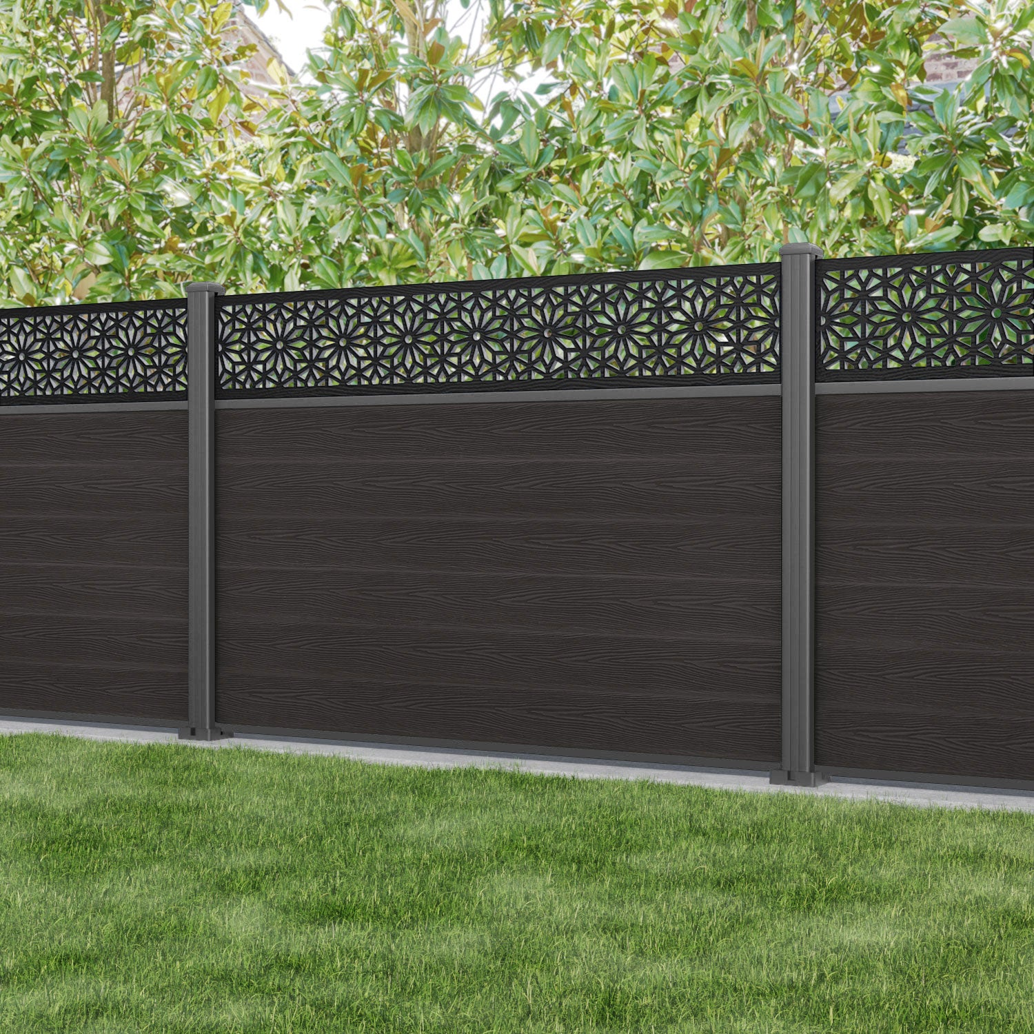 Classic Narwa Fence Panel - Dark Oak - with our aluminium posts
