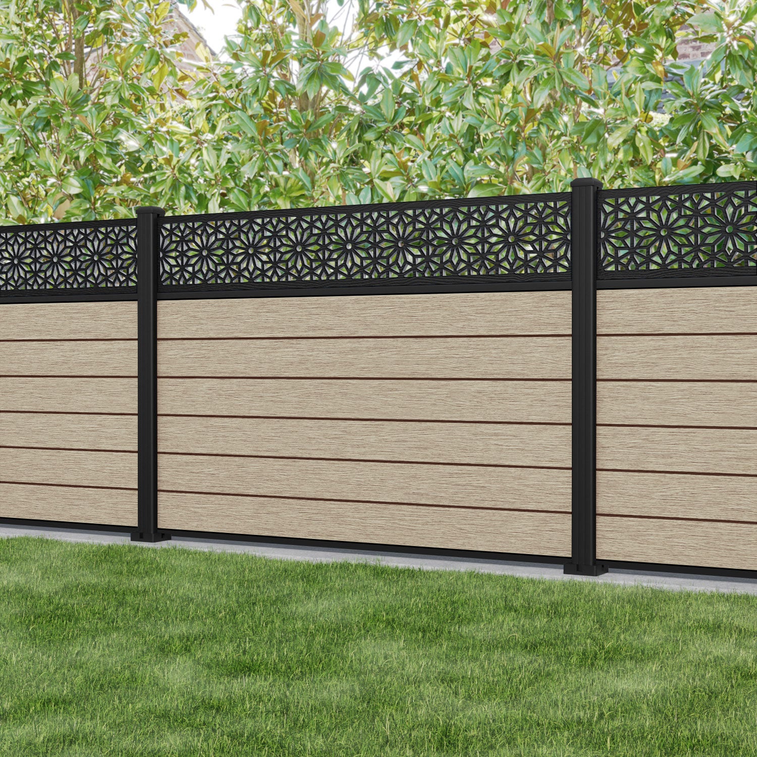 Fusion Narwa Fence Panel - Light Oak - with our aluminium posts
