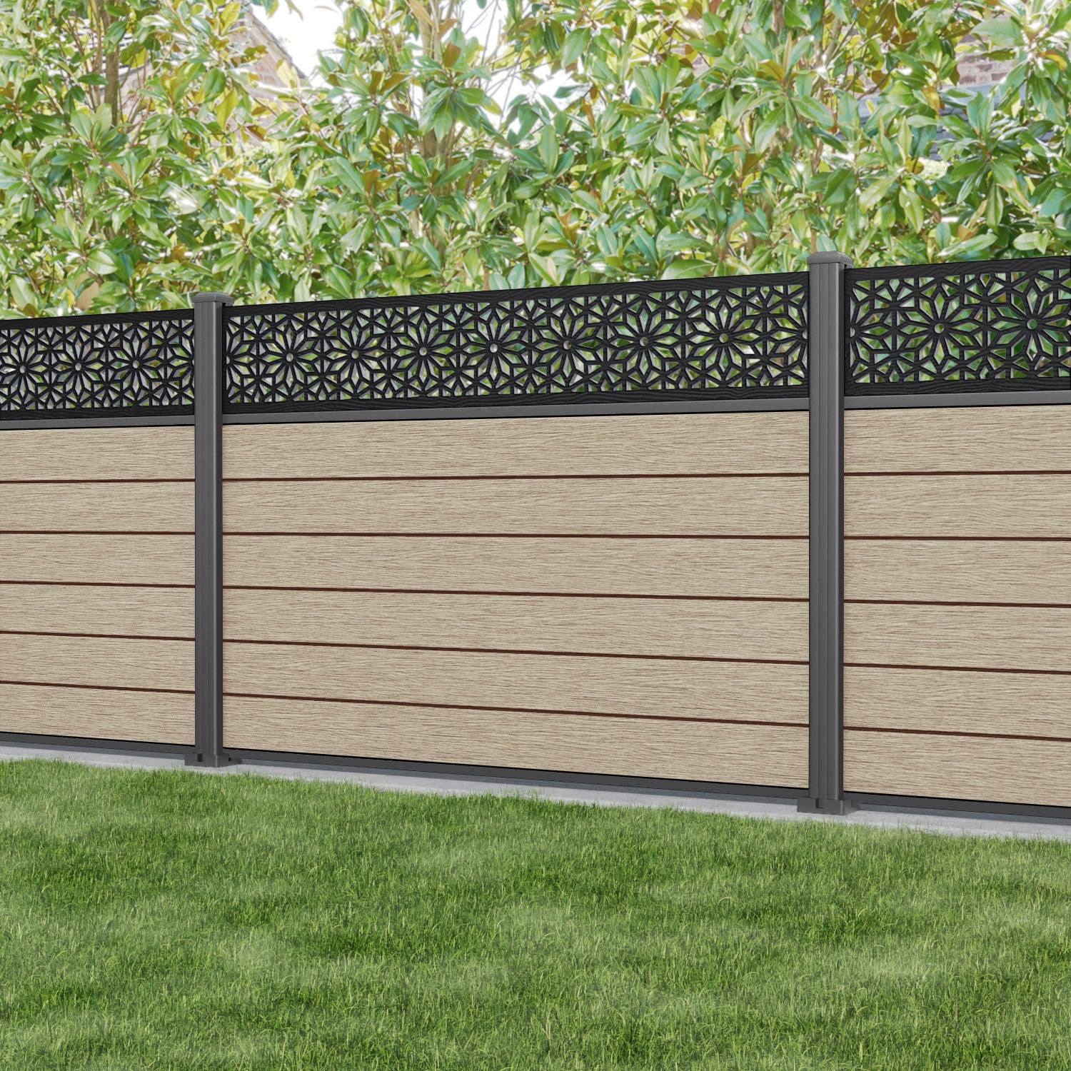 Fusion Narwa Fence Panel - Light Oak - with our aluminium posts