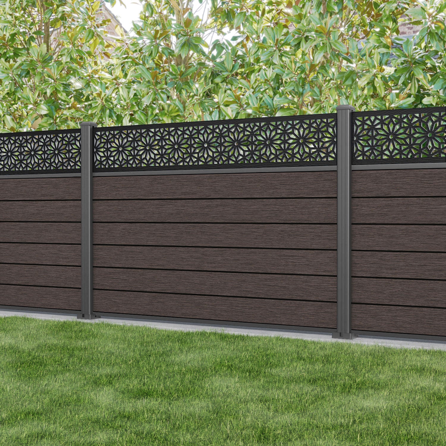 Fusion Narwa Fence Panel - Mid Brown - with our aluminium posts