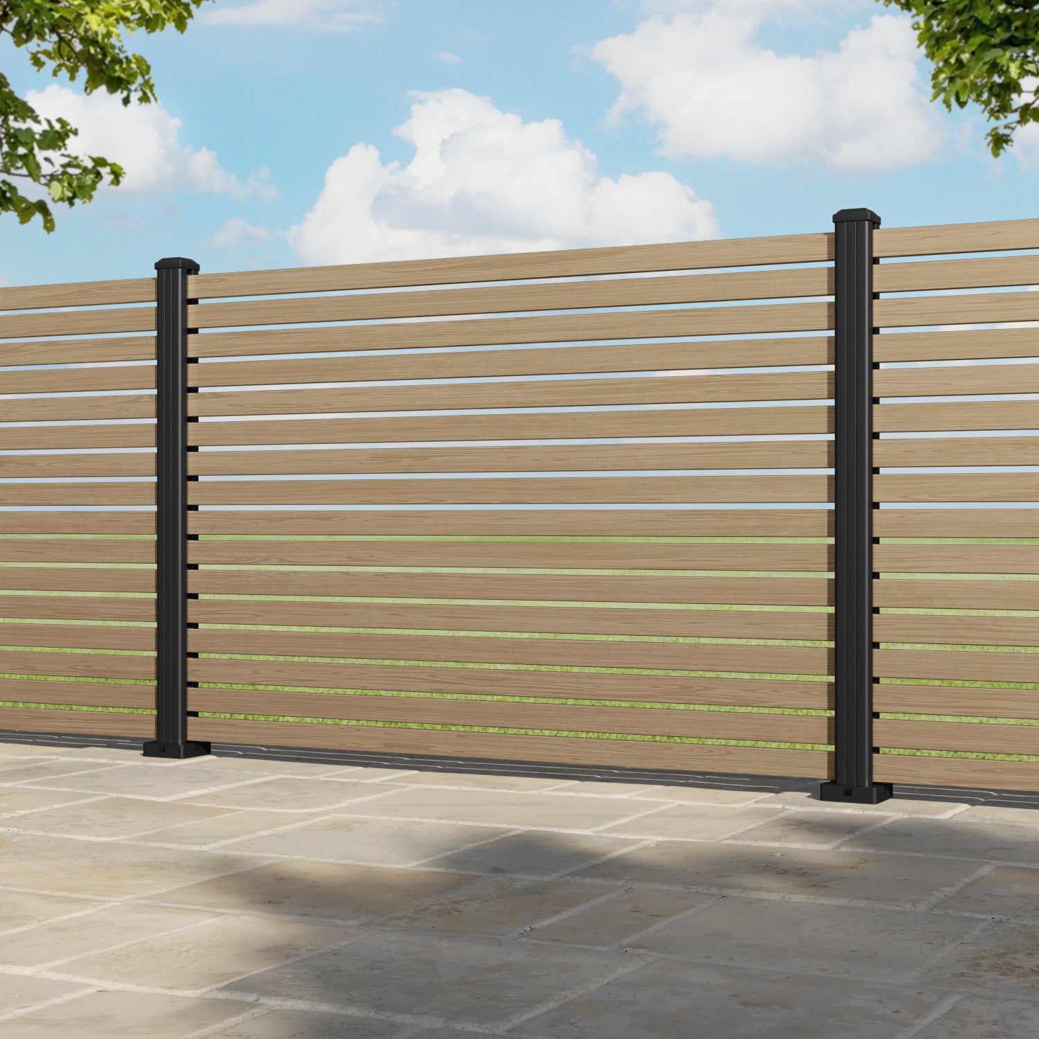Aria Aluminium Fence Panel - Natural Oak - with our aluminium posts